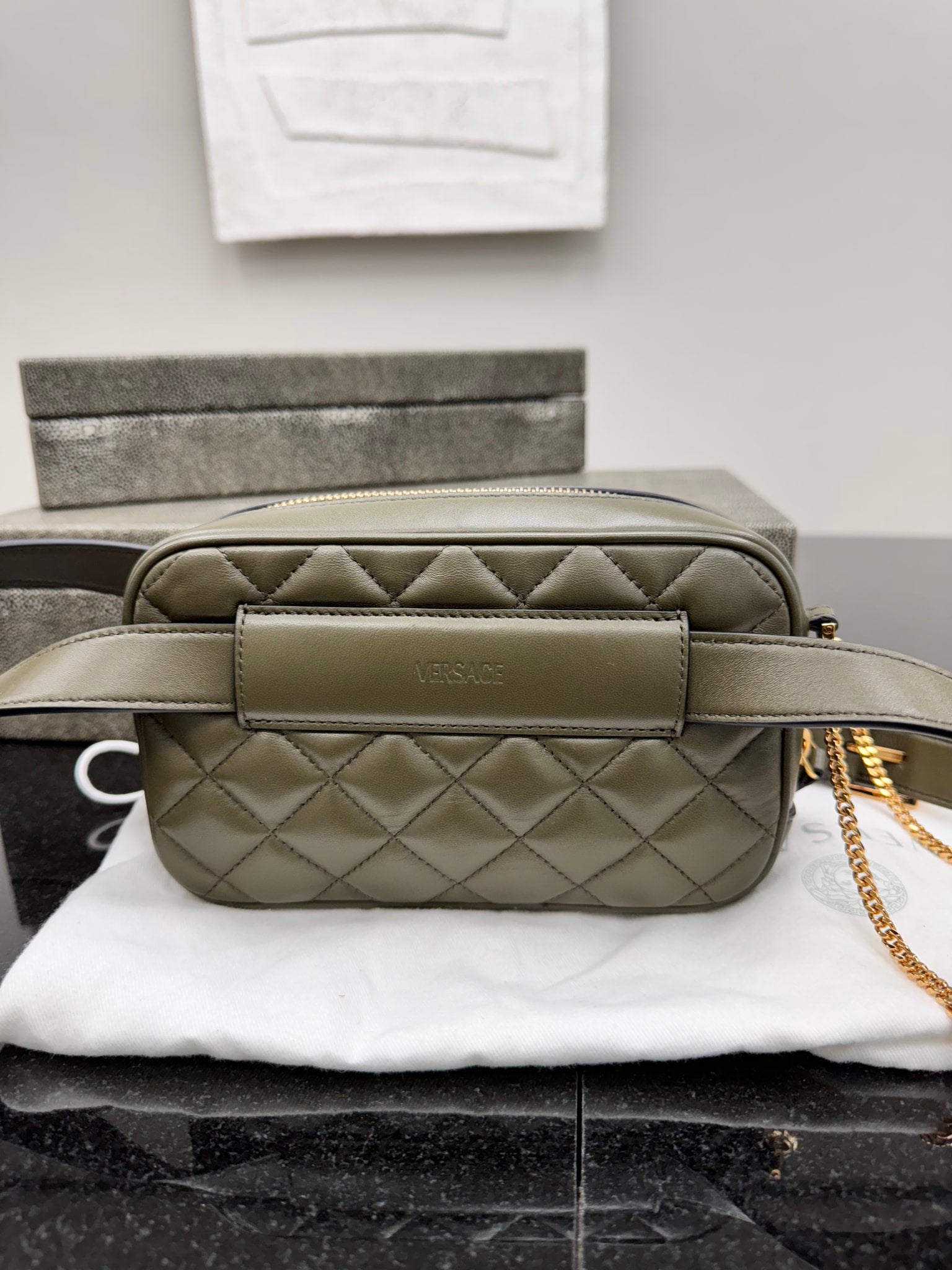 Versace Dark Green Quilted Leather Medusa Head Belt Bag