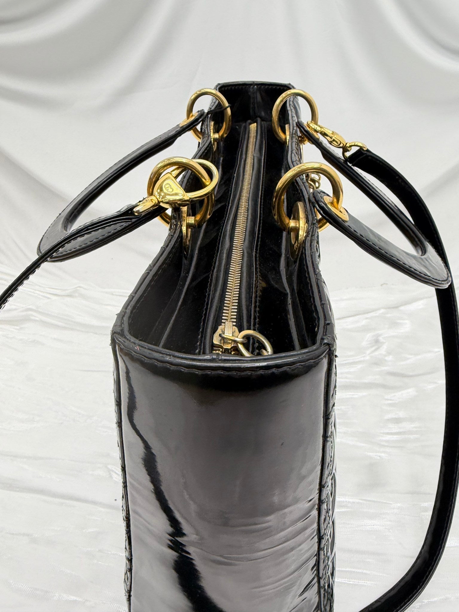 Christian Dior Vintage Black Patent Leather Cannage Large Lady Dior Handbag