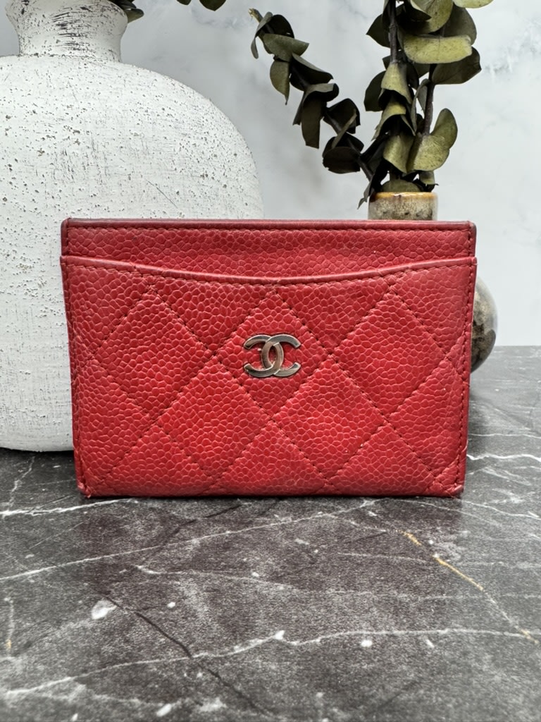 Chanel Red Diamond Quilted Caviar Leather Card Case