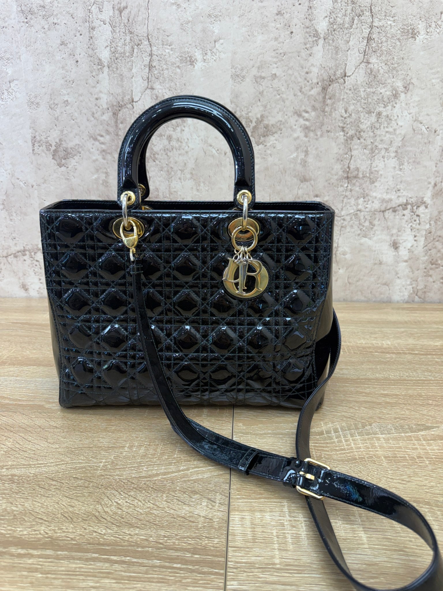 Christian Dior Black Cannage Patent Leather Large Lady Dior