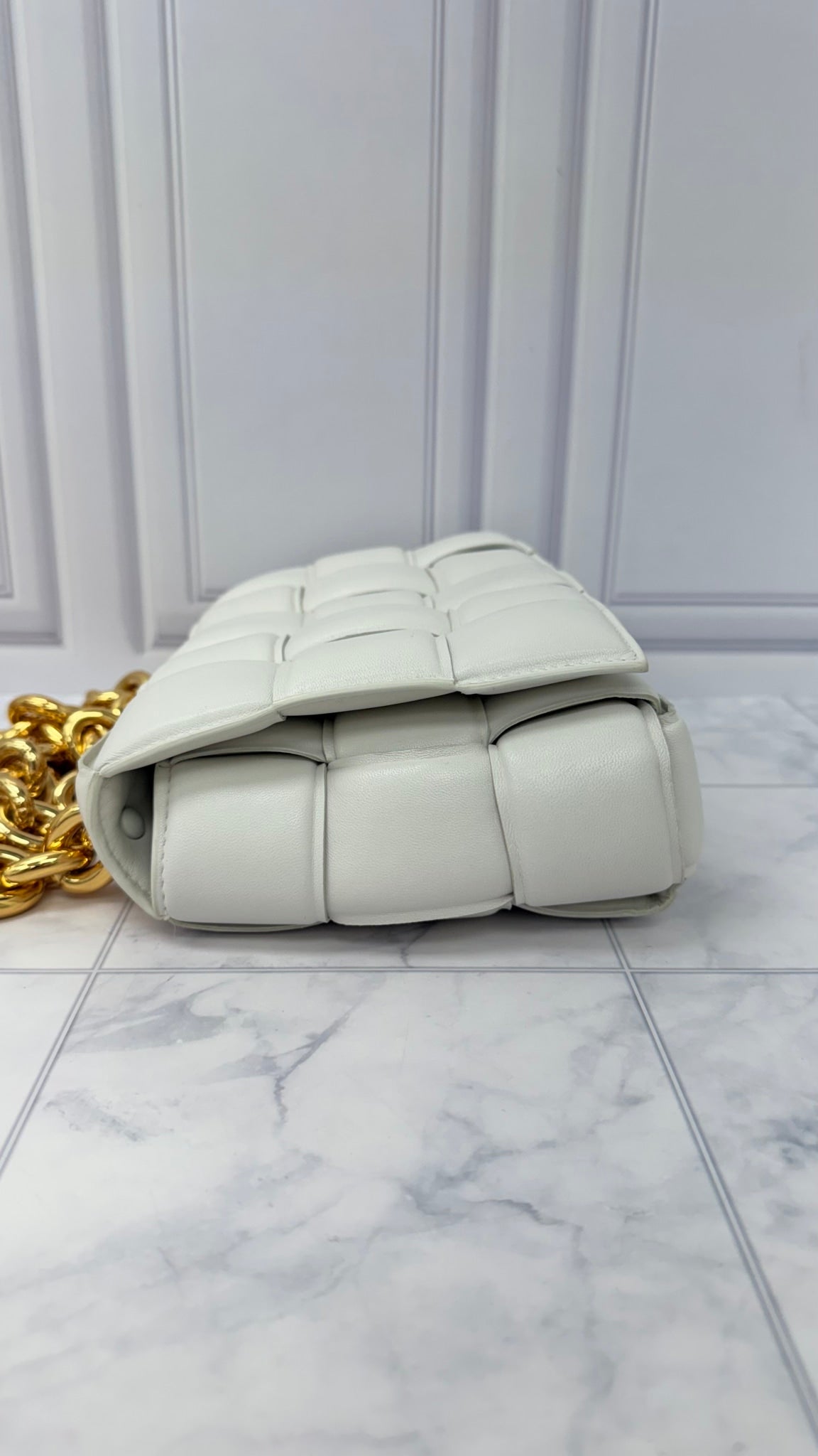 LIKE NEW - Bottega Veneta White Padded Maxi Intrecciato Leather Cassette Chain Crossbody Bag