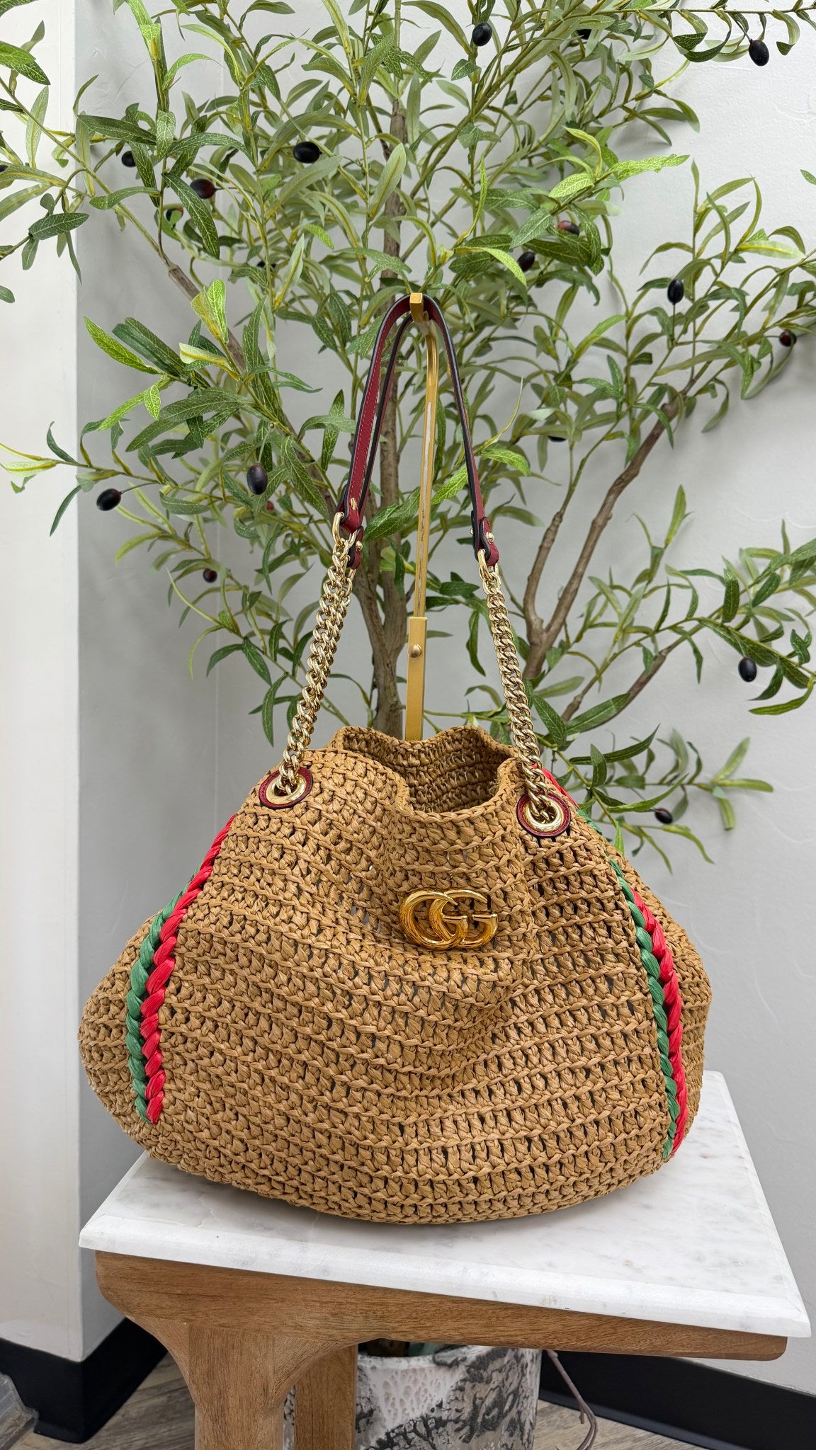 Gucci Raffia Web Marmont Chain Tote