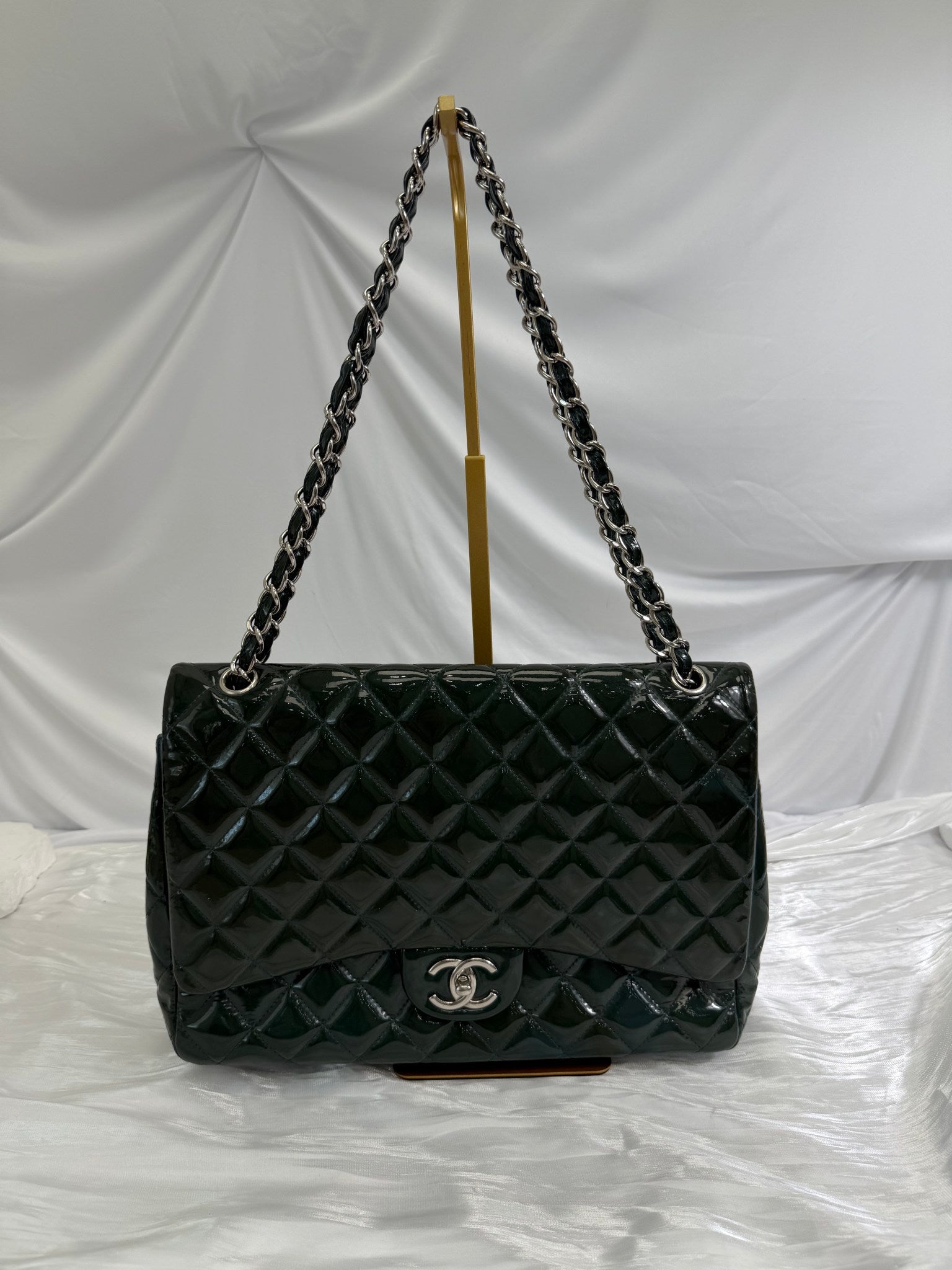Chanel Dark Green Quilted Patent Leather Maxi Double Flap Bag