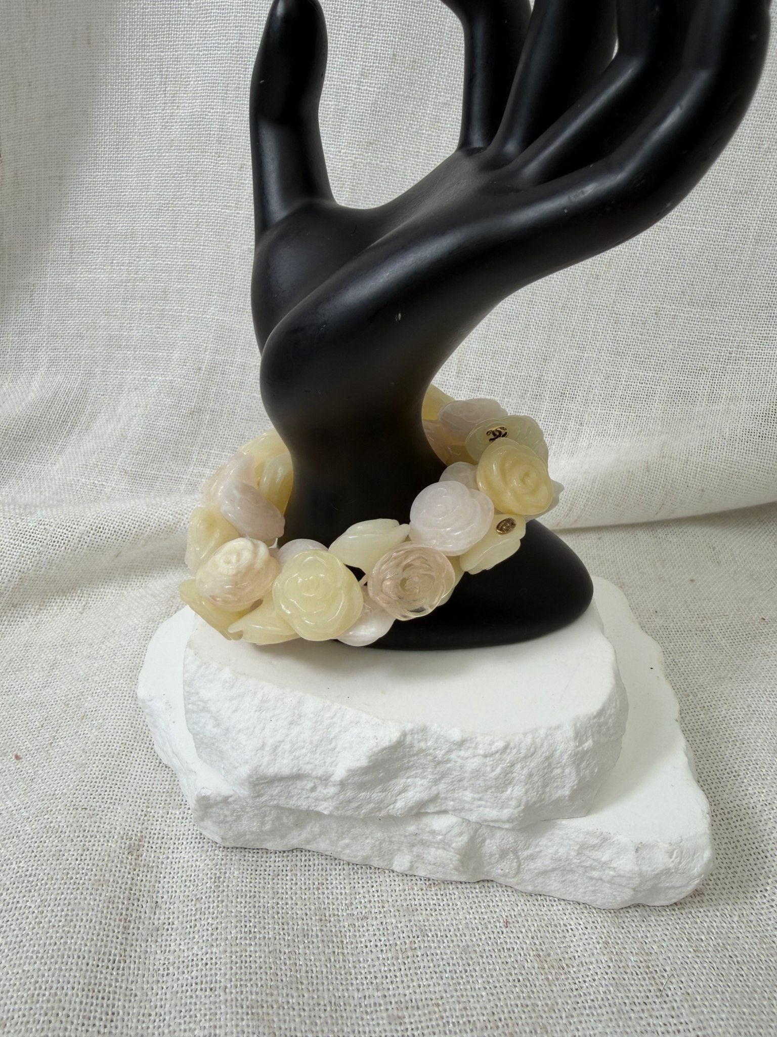 Chanel Ivory And Pink Resin Stretch Camellia Bracelet