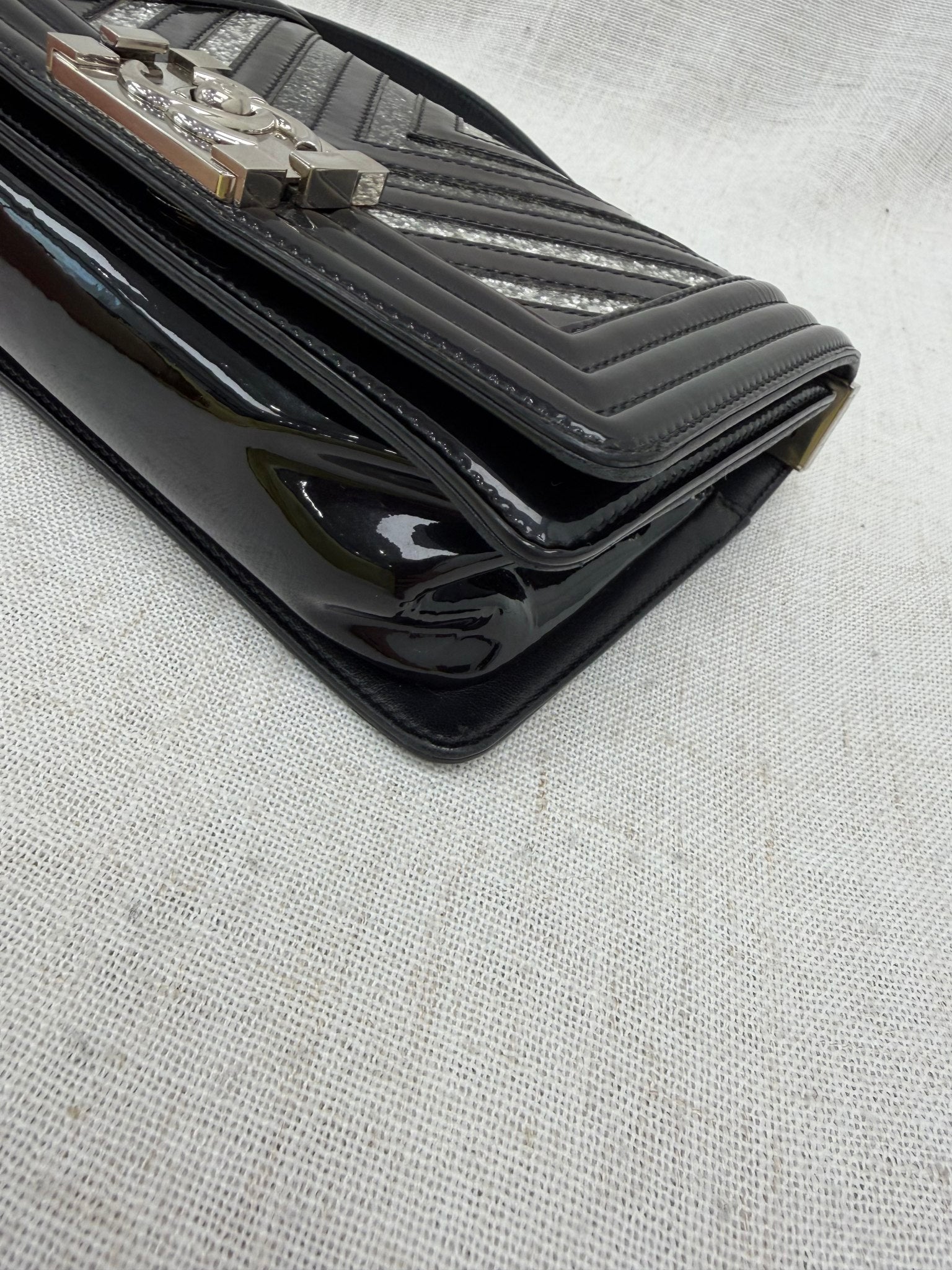Chanel Black Patent Leather & Silver Glitter PVC Chevron Small Boy Bag