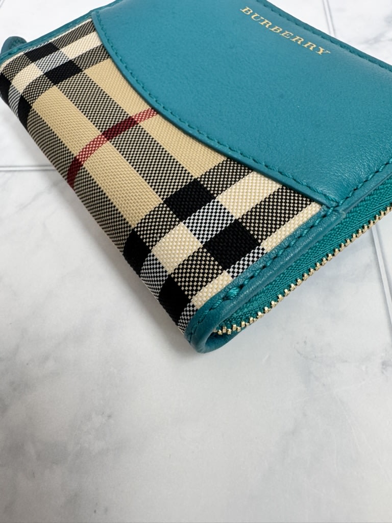 Burberry Teal House Check Canvas And Leather Compact Zippy Wallet