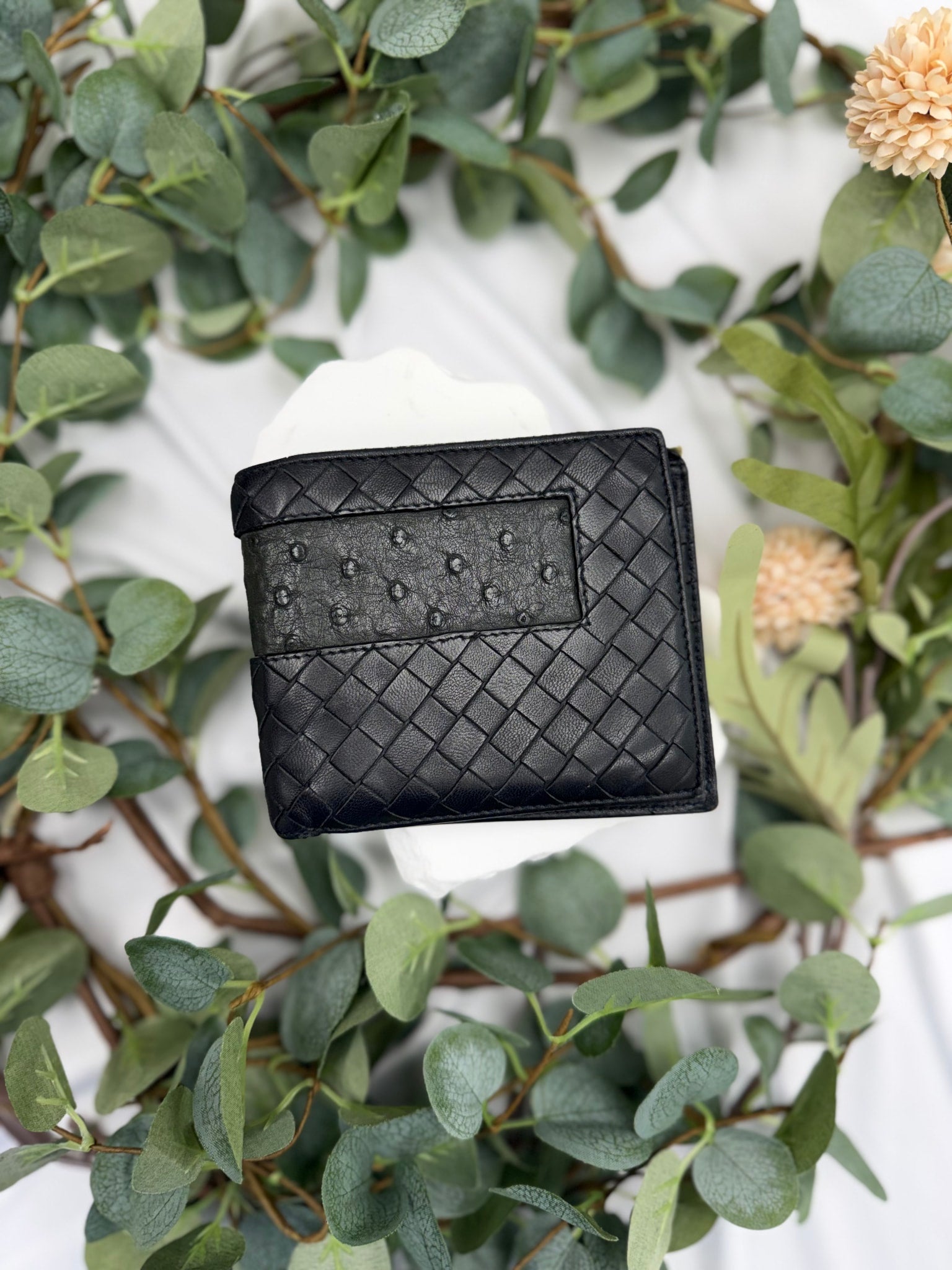 Bottega Veneta Black Ostrich Intrecciato Leather Bifold Wallet