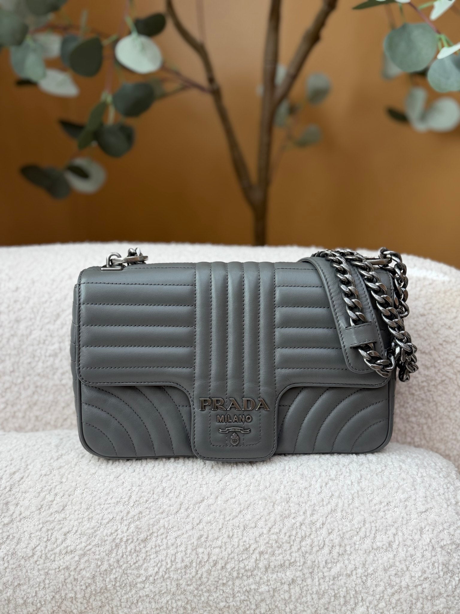 Prada Gray Leather Diagramme Shoulder Bag