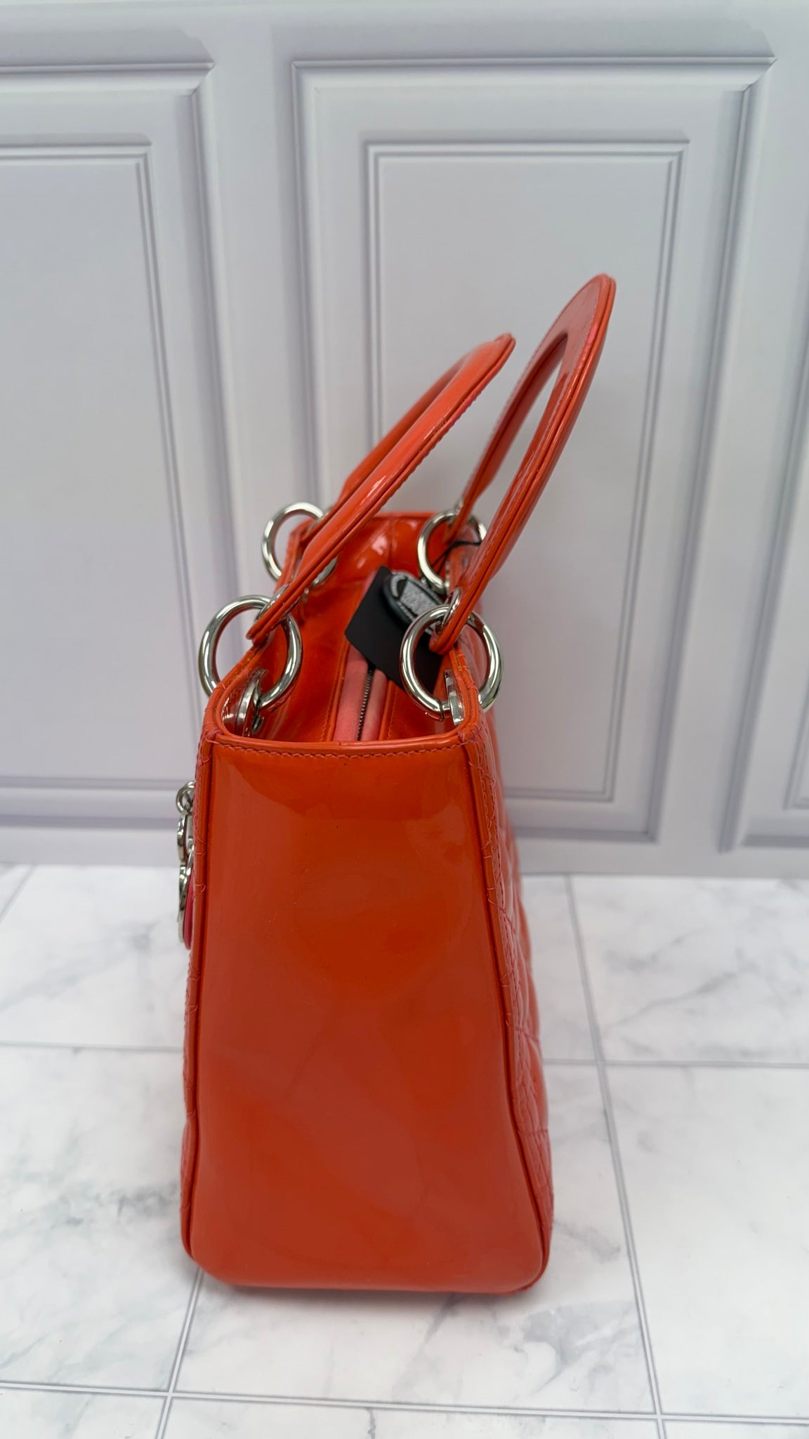 Christian Dior Orange Patent Leather Cannage Medium Lady Dior