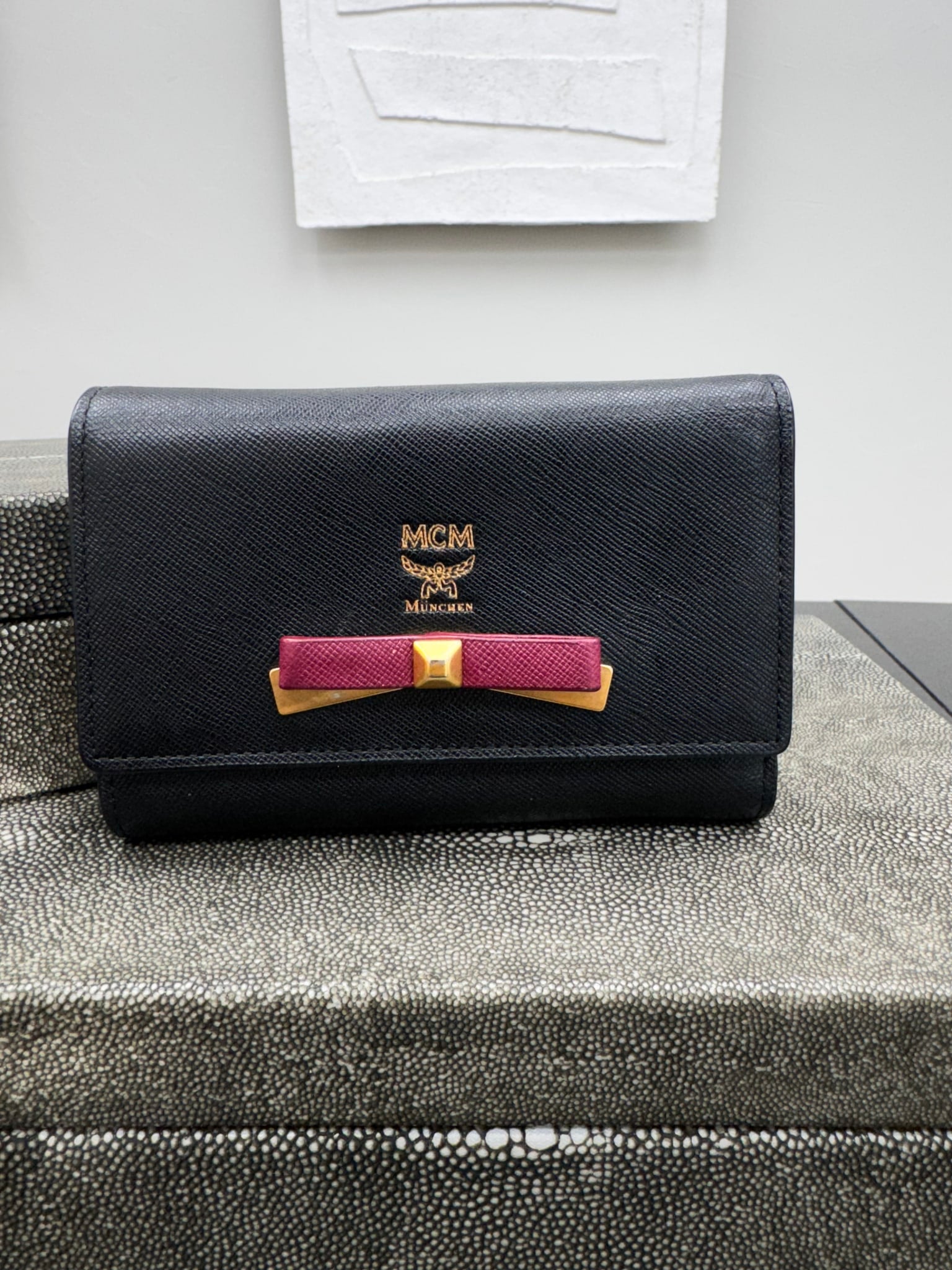 MCM Black Leather Mina Trifold Compact Wallet
