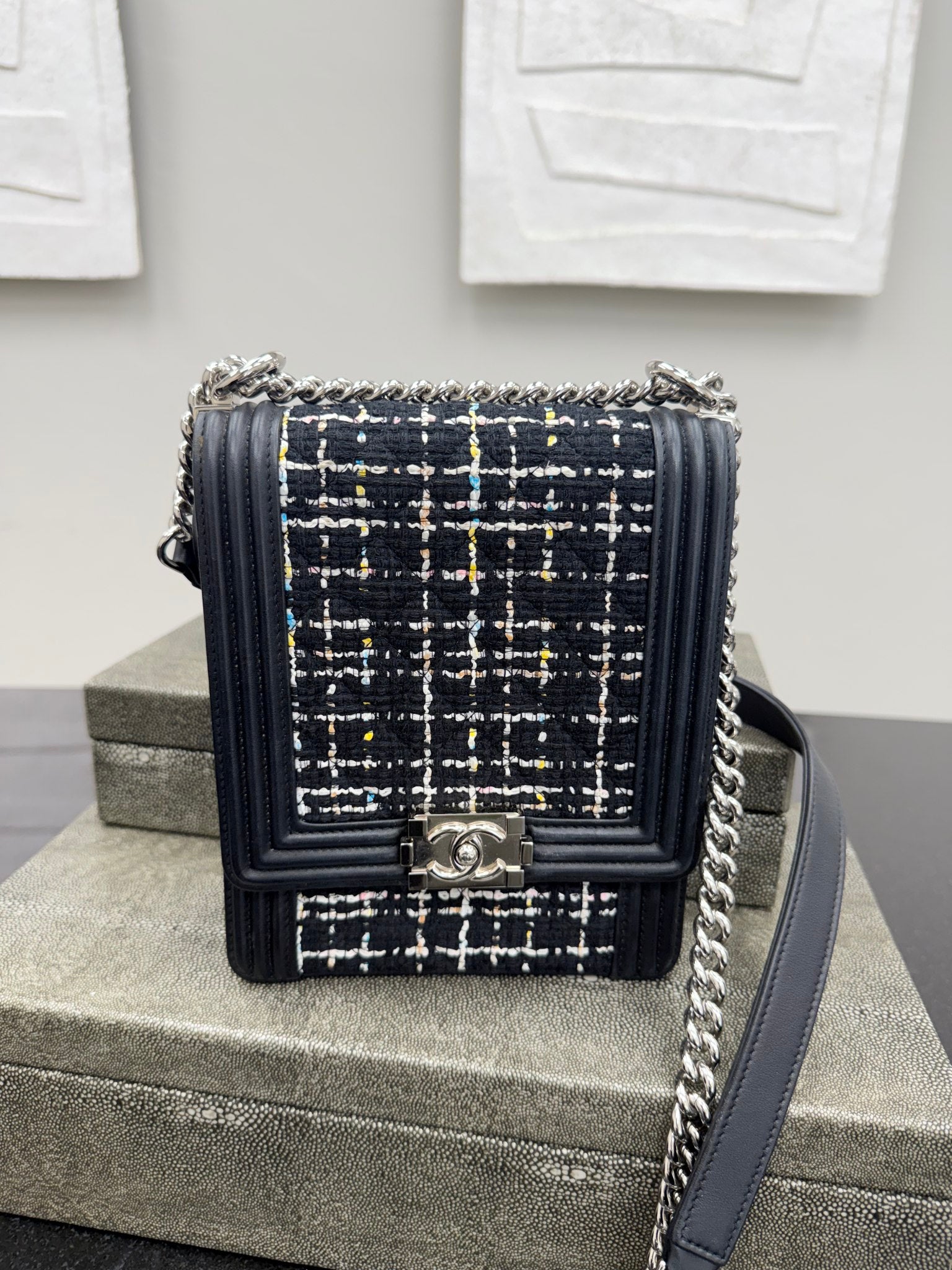 Chanel Black Tweed North South Boy Flap Bag