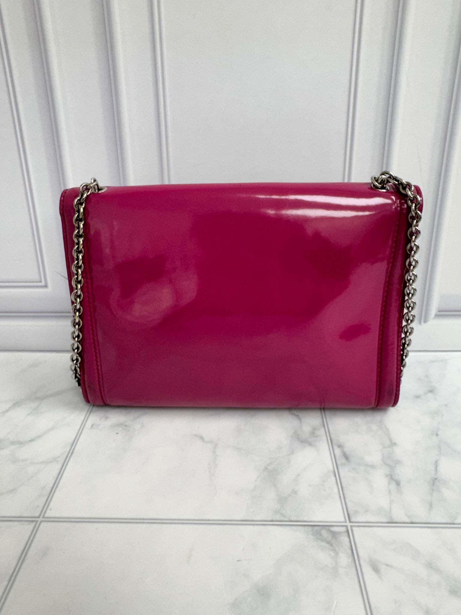 Salvatore Ferragamo Pink Patent Leather Ginny Vera Bow Chain Crossbody Bag