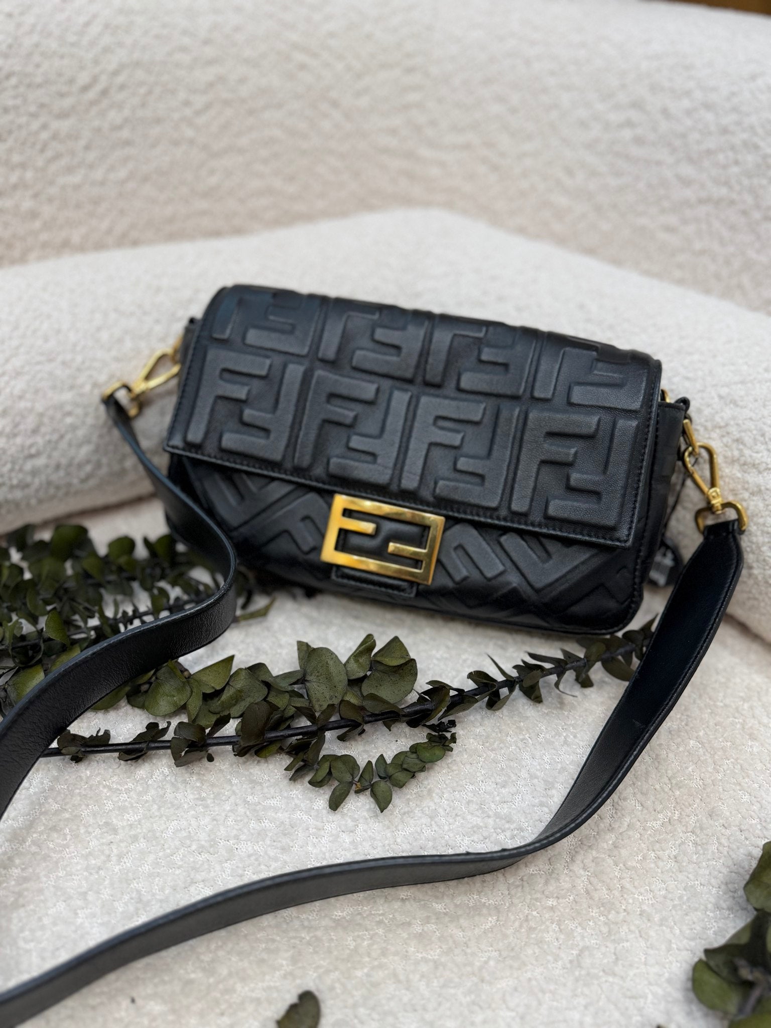 Fendi Black Embossed Nappa Leather FF Baguette Shoulder Bag