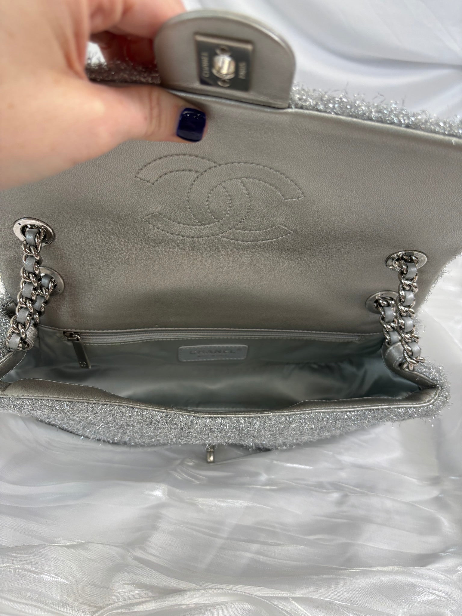 Chanel Silver Knit Pluto Glitter Classic Flap Medium