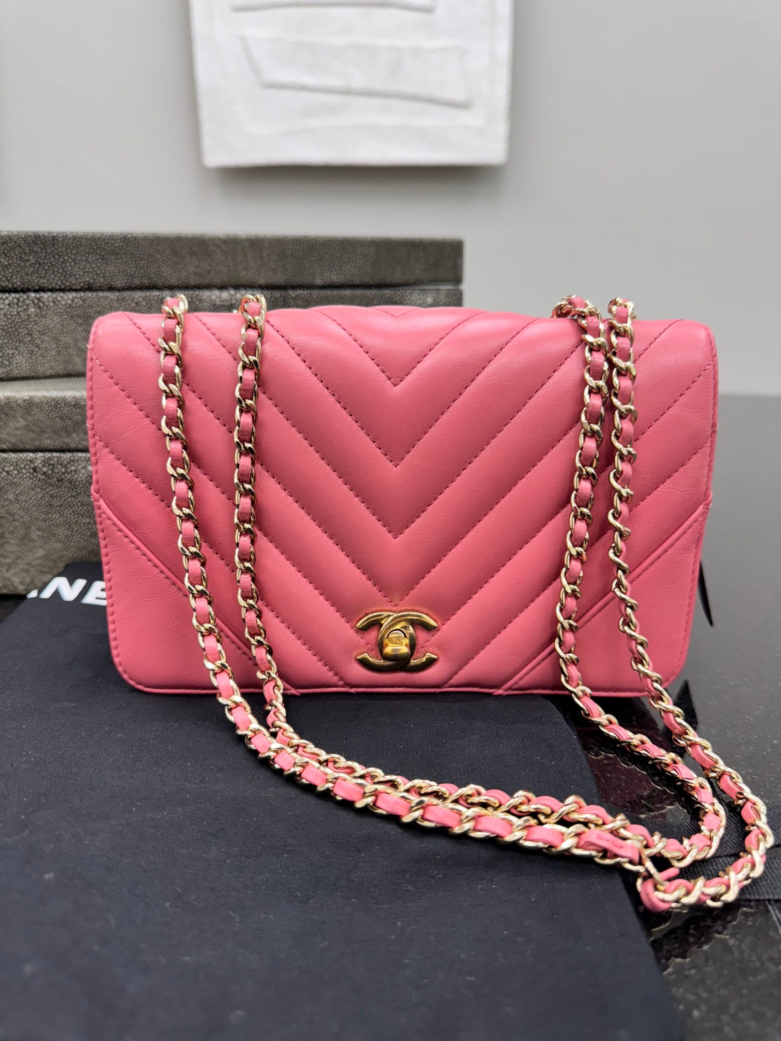 Chanel Pink Chevron Quilted Leather Chain Flap Bag