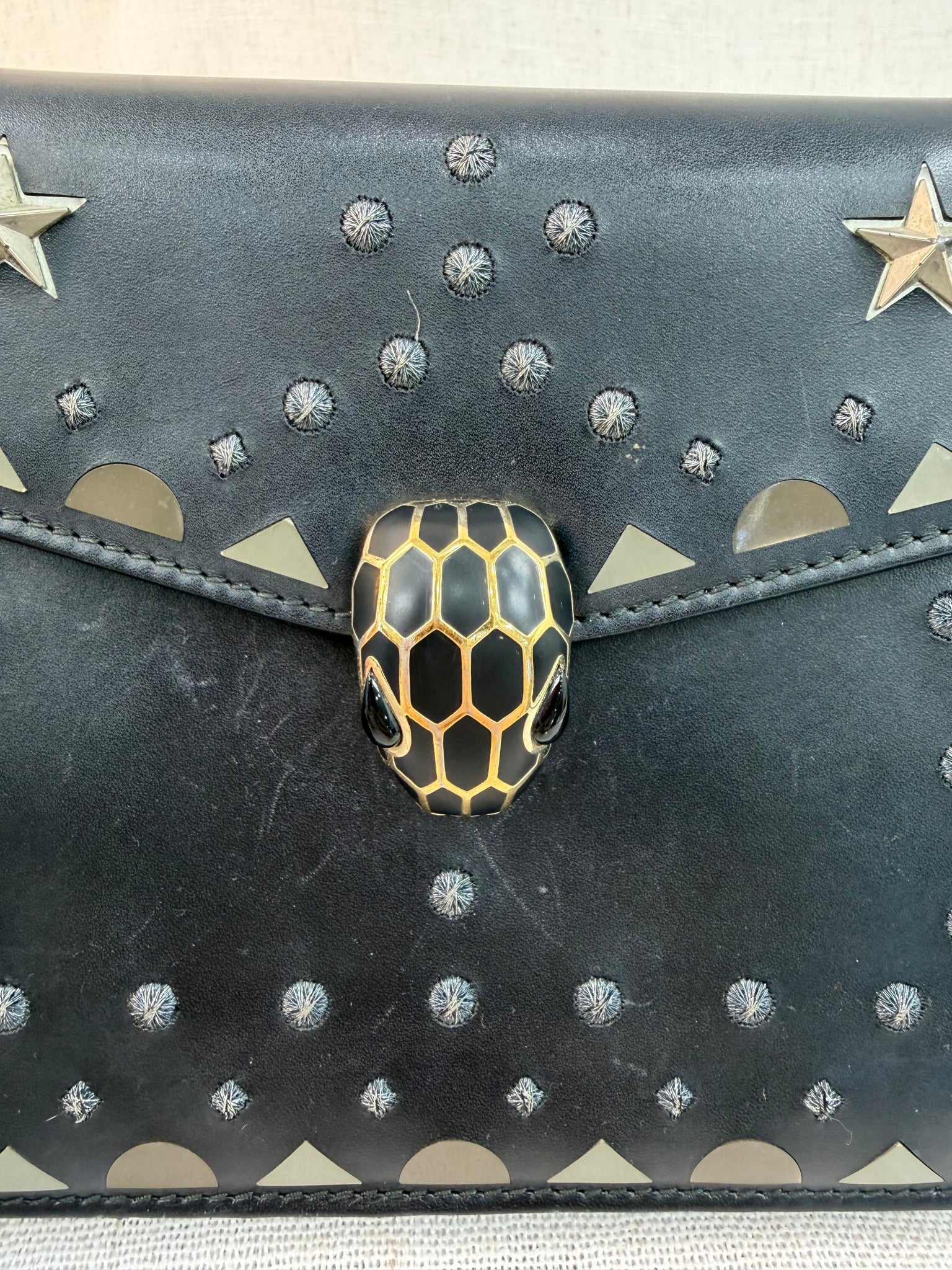 Bvlgari Black Leather serpenti Star Studded Small Crossbody