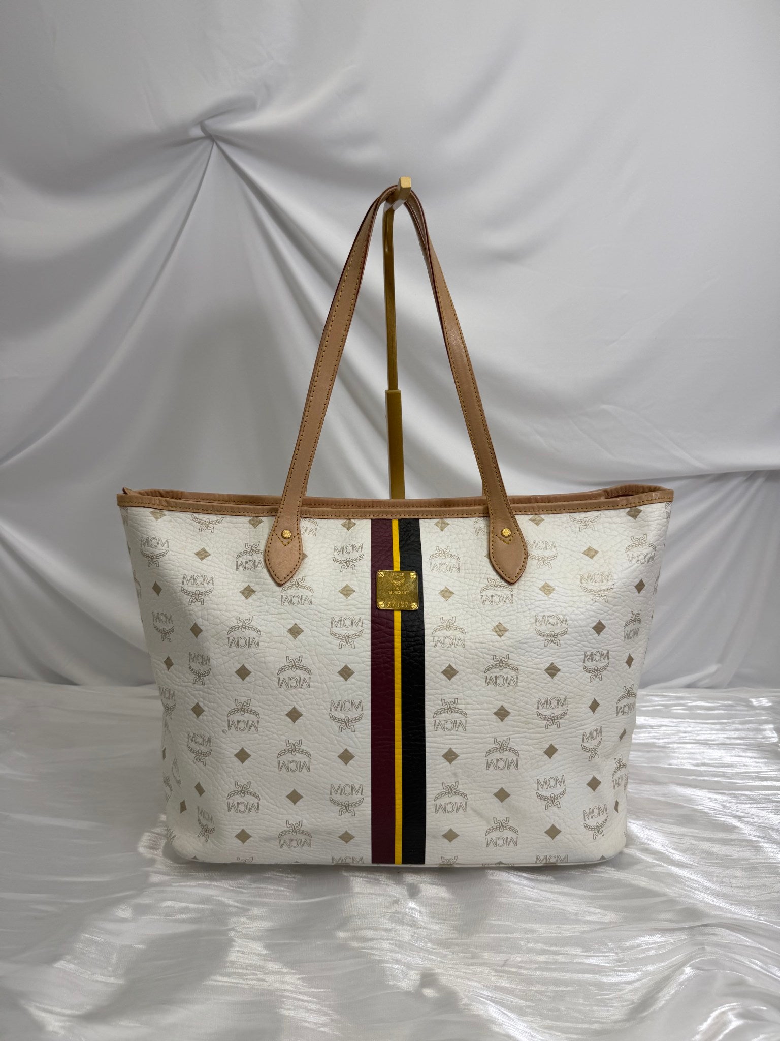 MCM Visetos Striped White Shopper Tote