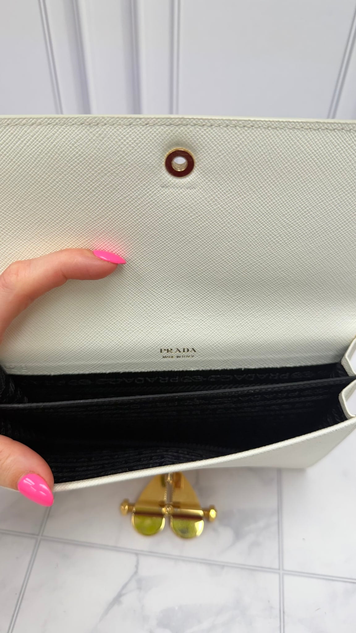 Prada White Saffiano Leather Broken Heart Lock Wallet on a Chain