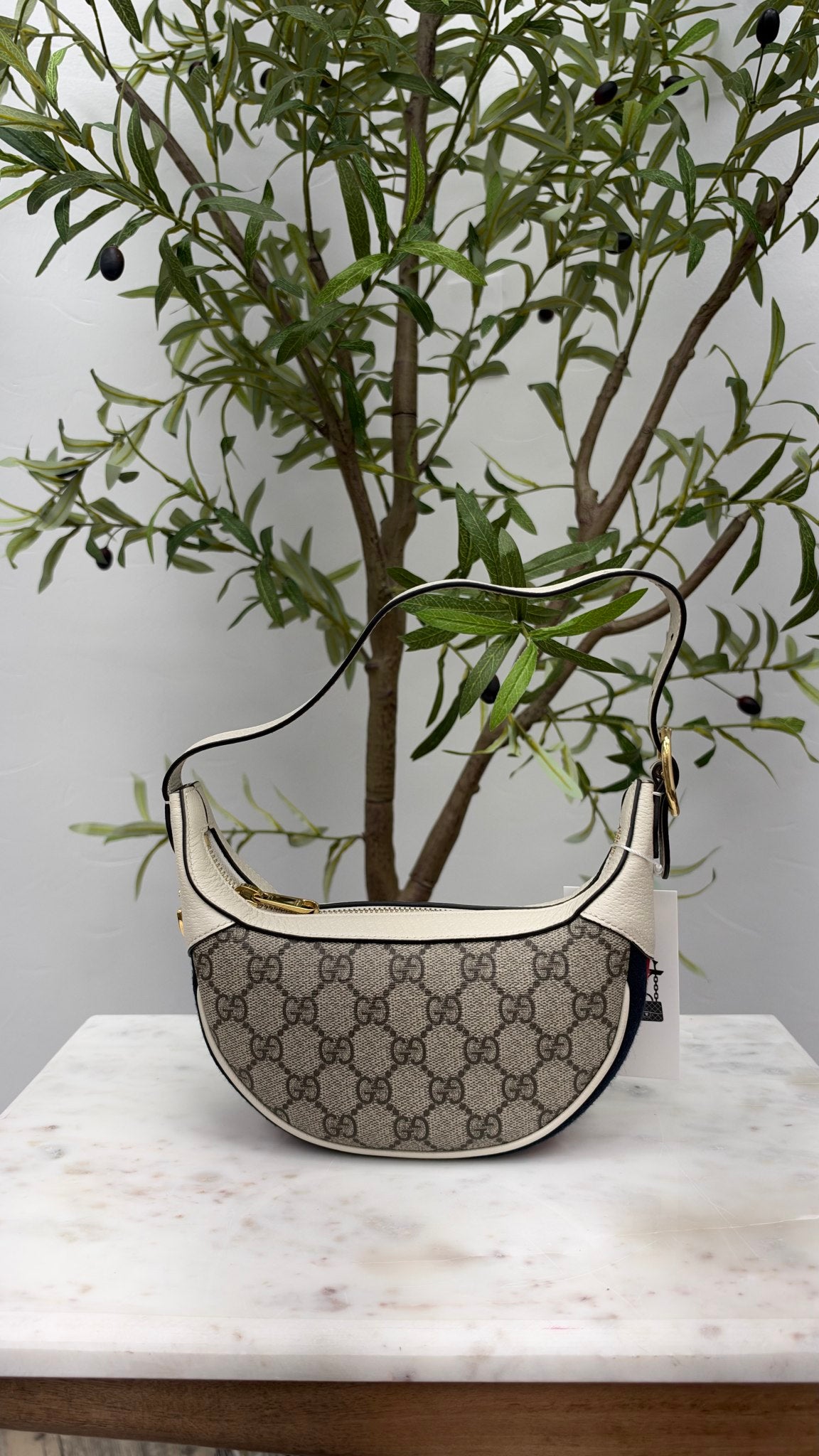 Gucci Beige GG Supreme Monogram Mini Ophidia Half Moon Hobo