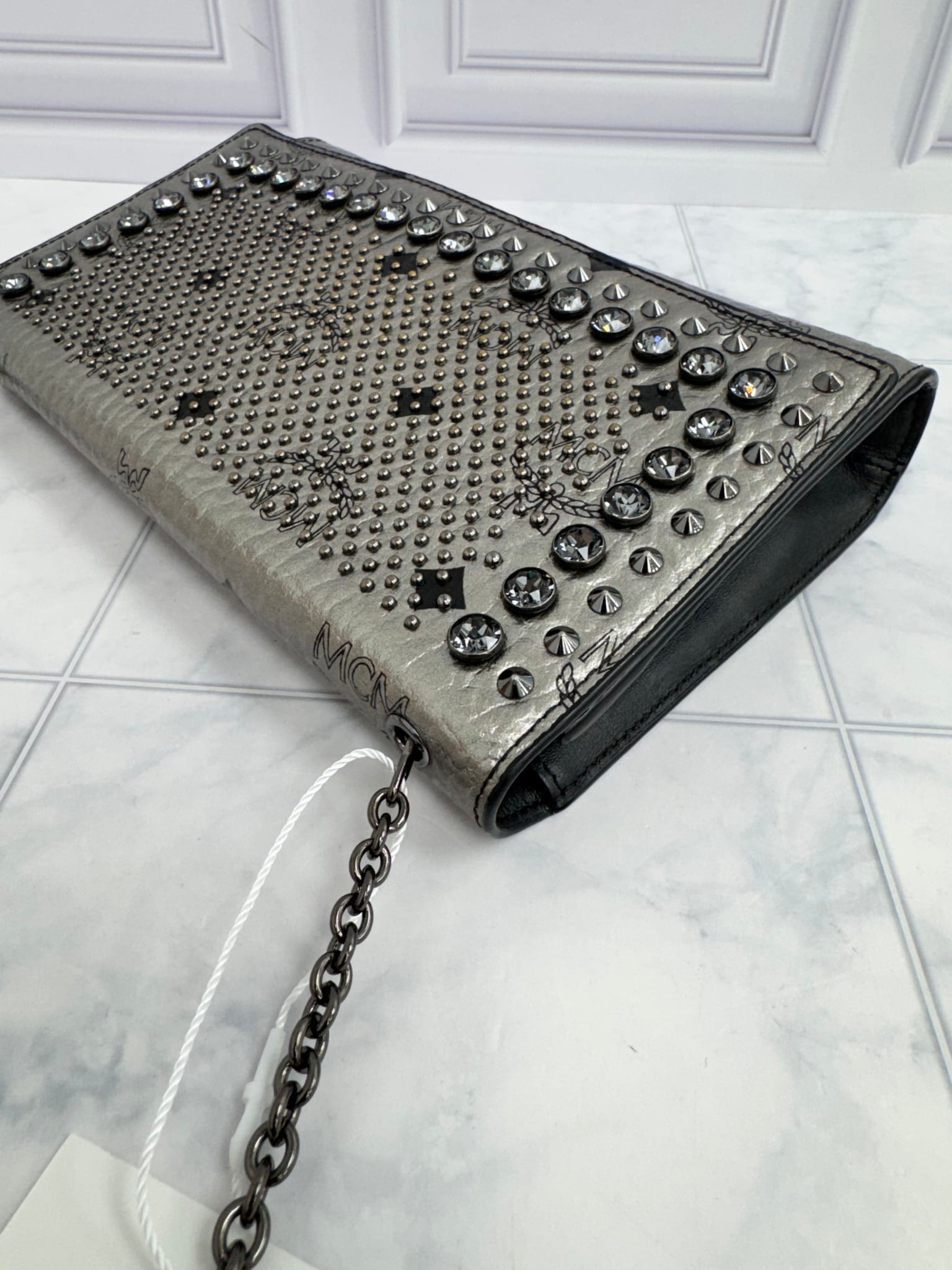 MCM Silver Visetos Monogram Studded Chain Crossbody Bag