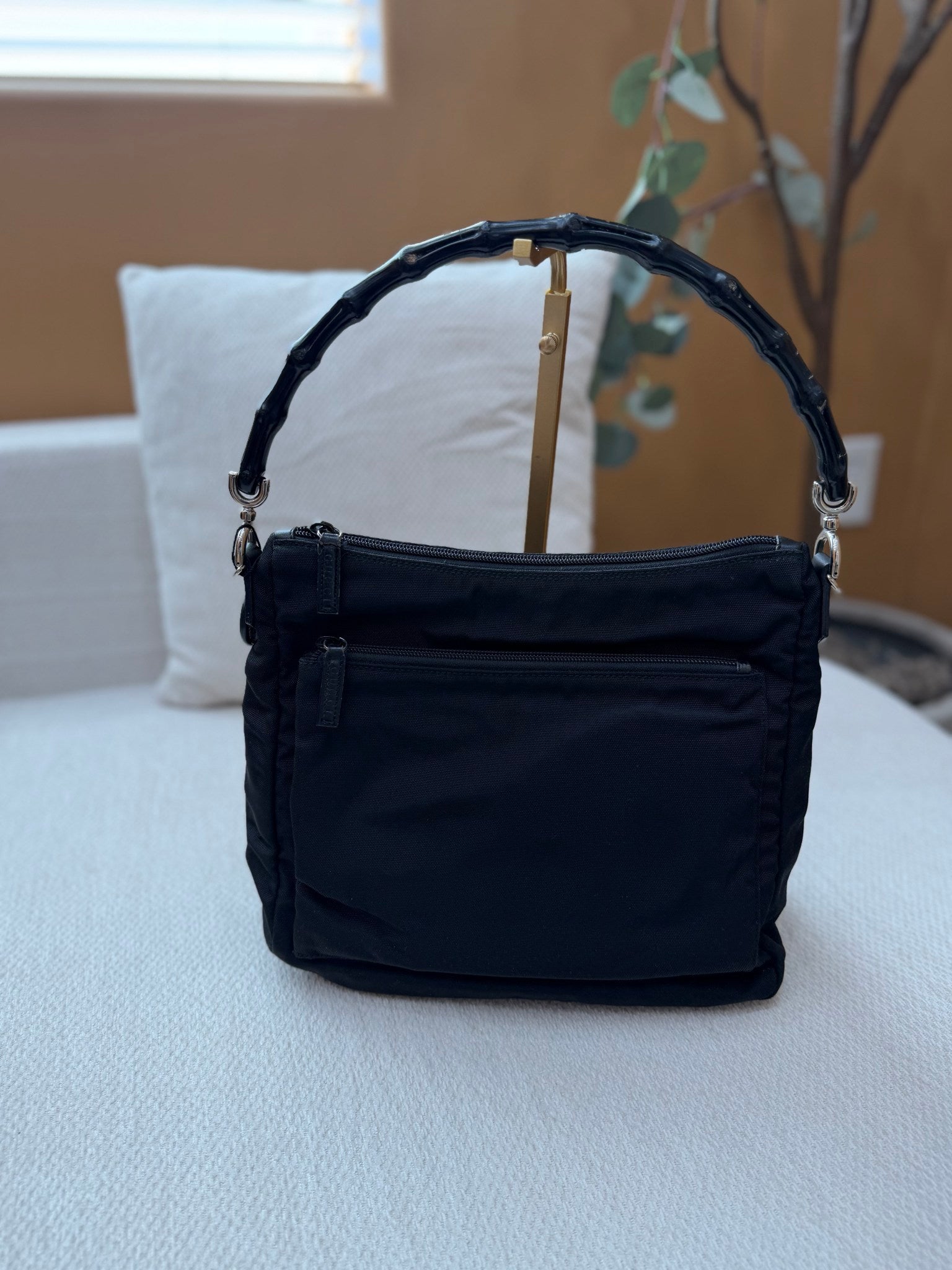 Gucci Black Nylon Bamboo Shoulder Bag