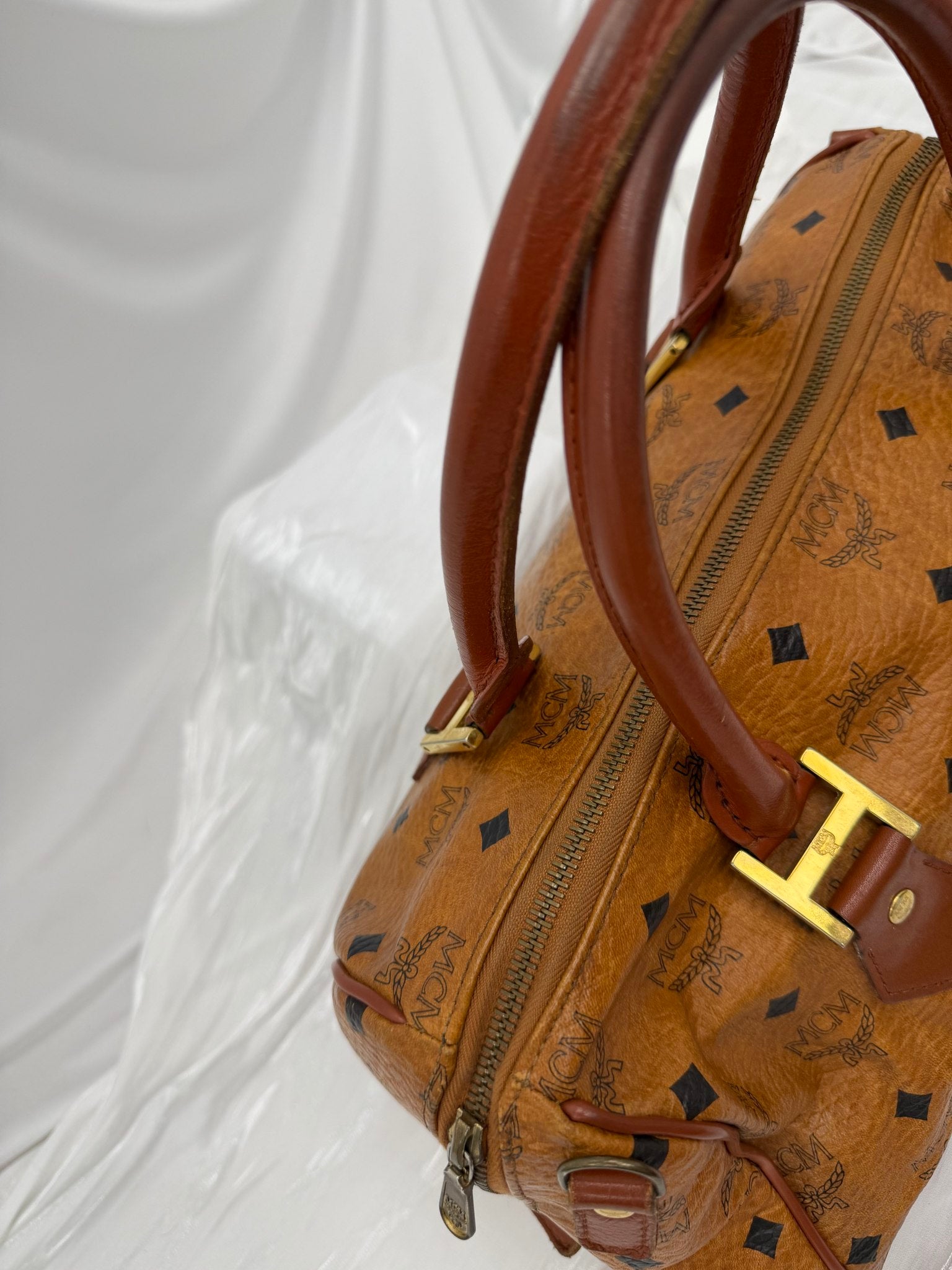 MCM Cognac Visetos Coated Canvas Boston Bag