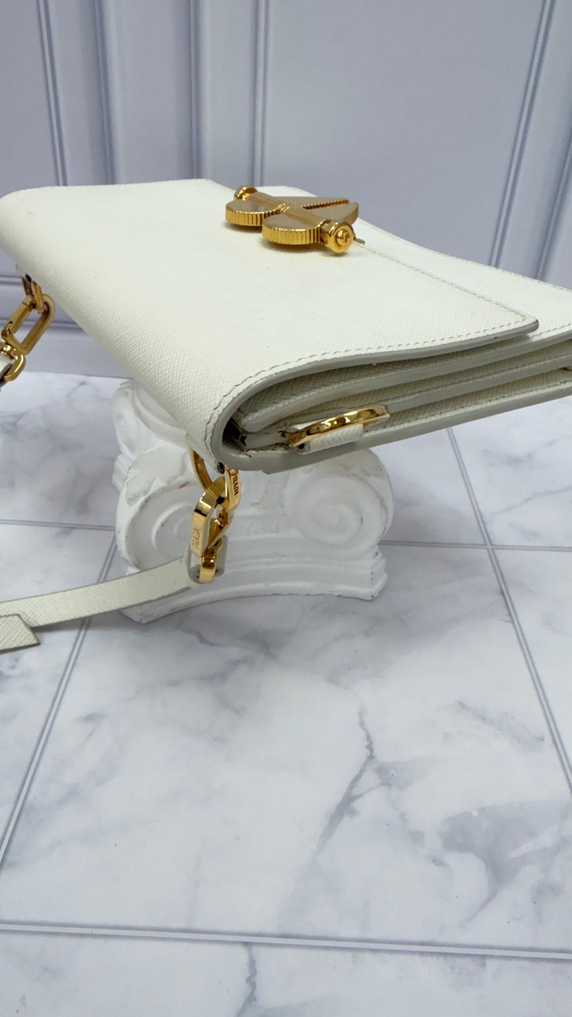 Prada White Saffiano Leather Broken Heart Lock Wallet on a Chain
