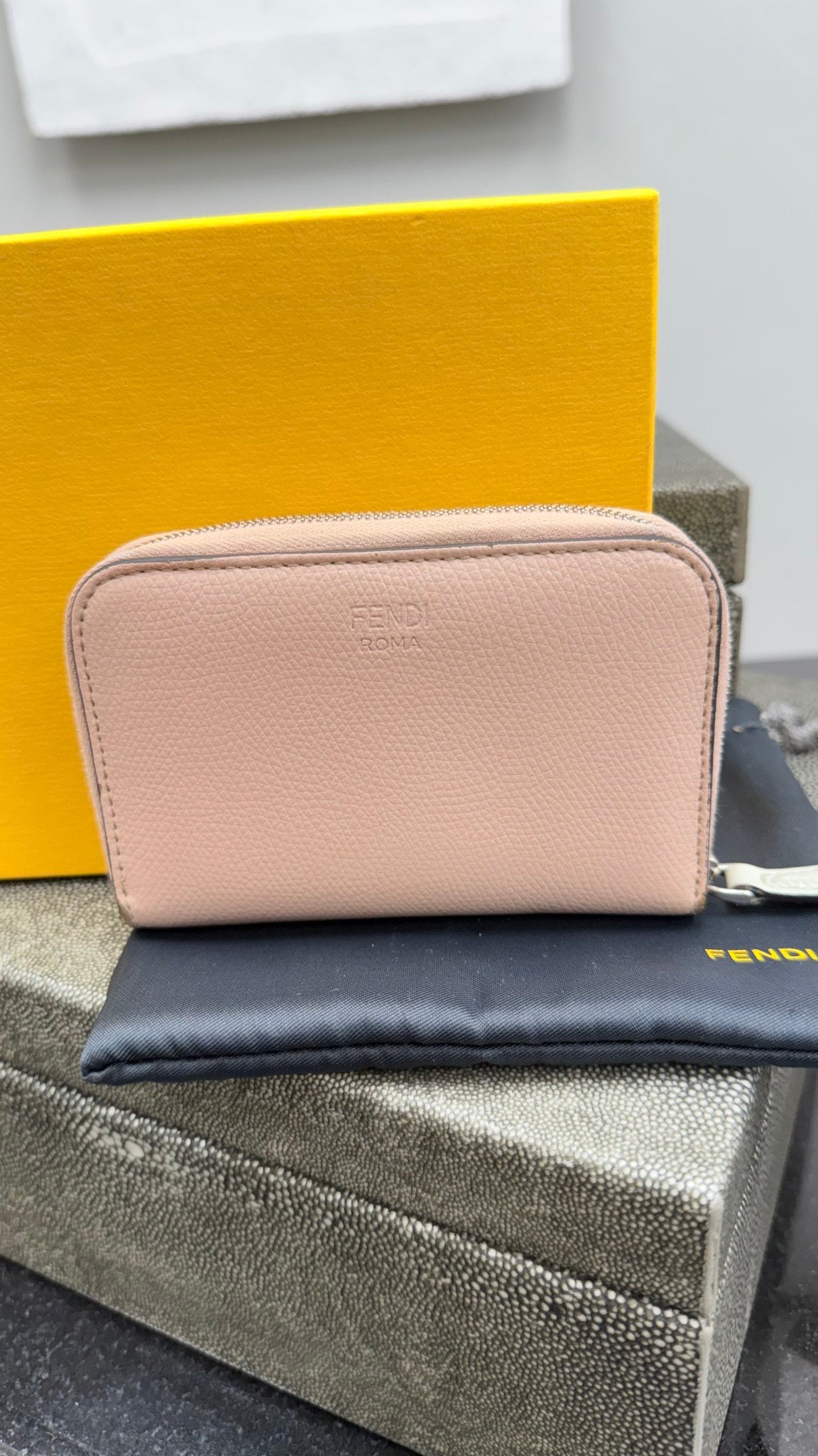 Fendi Coral & Grey Leather Studded Monster Compact Zippy Wallet