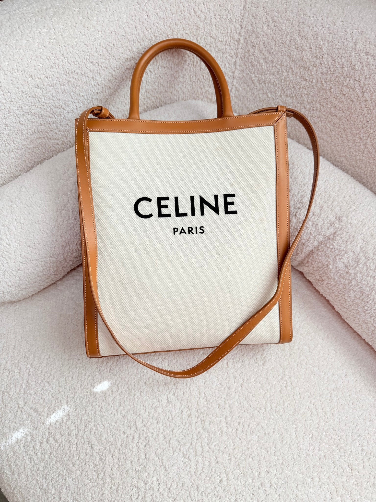 Celine Cream Canvas x Tan Leather Large Vertical Cabas