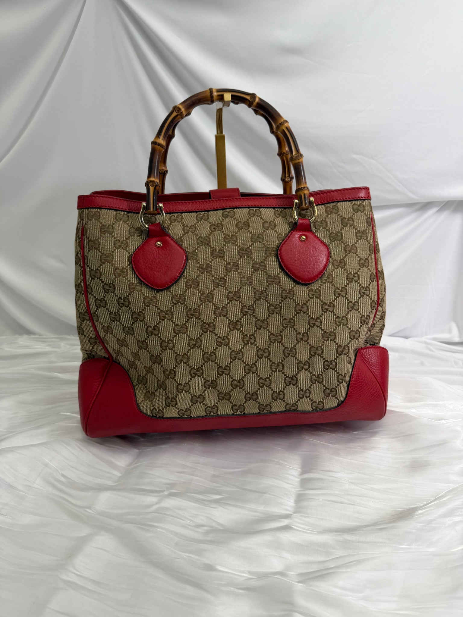 Gucci Beige Canvas & Red Leather Bamboo Top Handle Bag