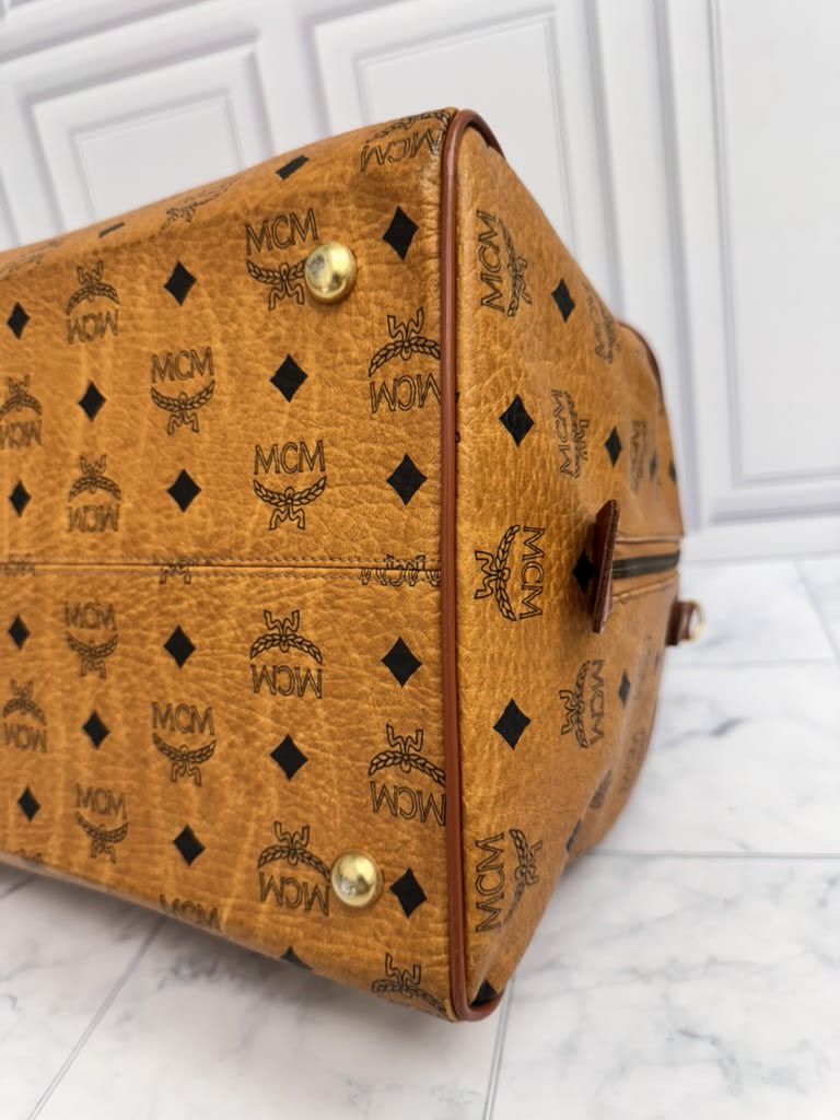 MCM Tan Visetos Leather Boston Bag