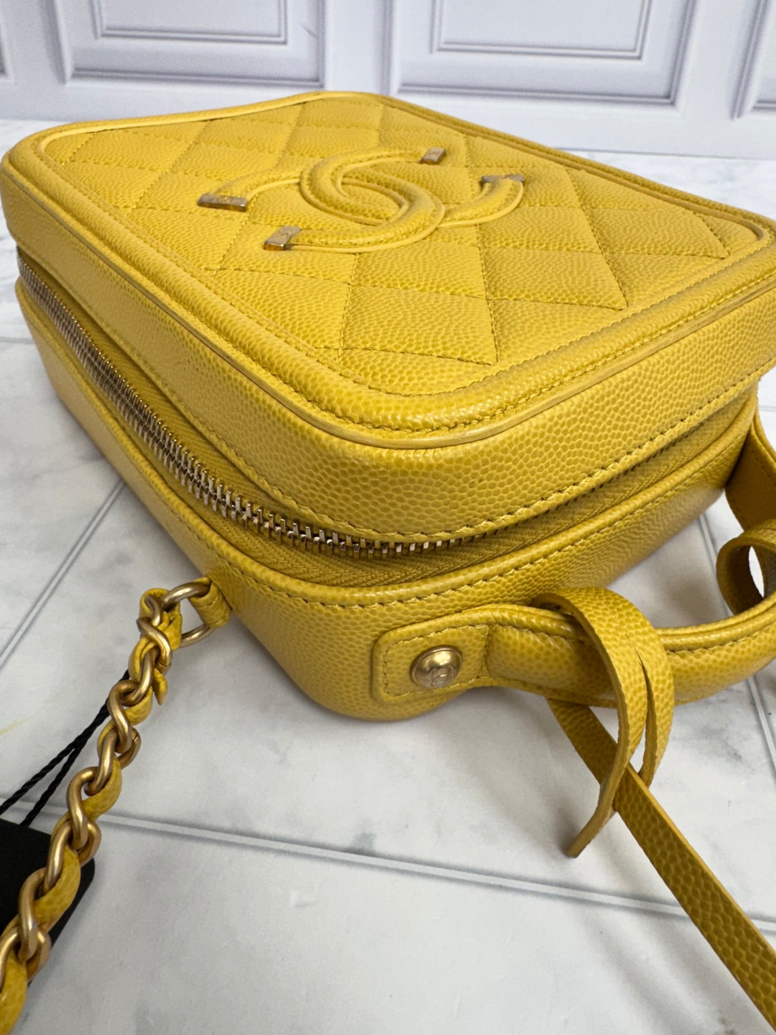 Chanel Yellow Caviar Quilted Filigree Vertical Vanity Case