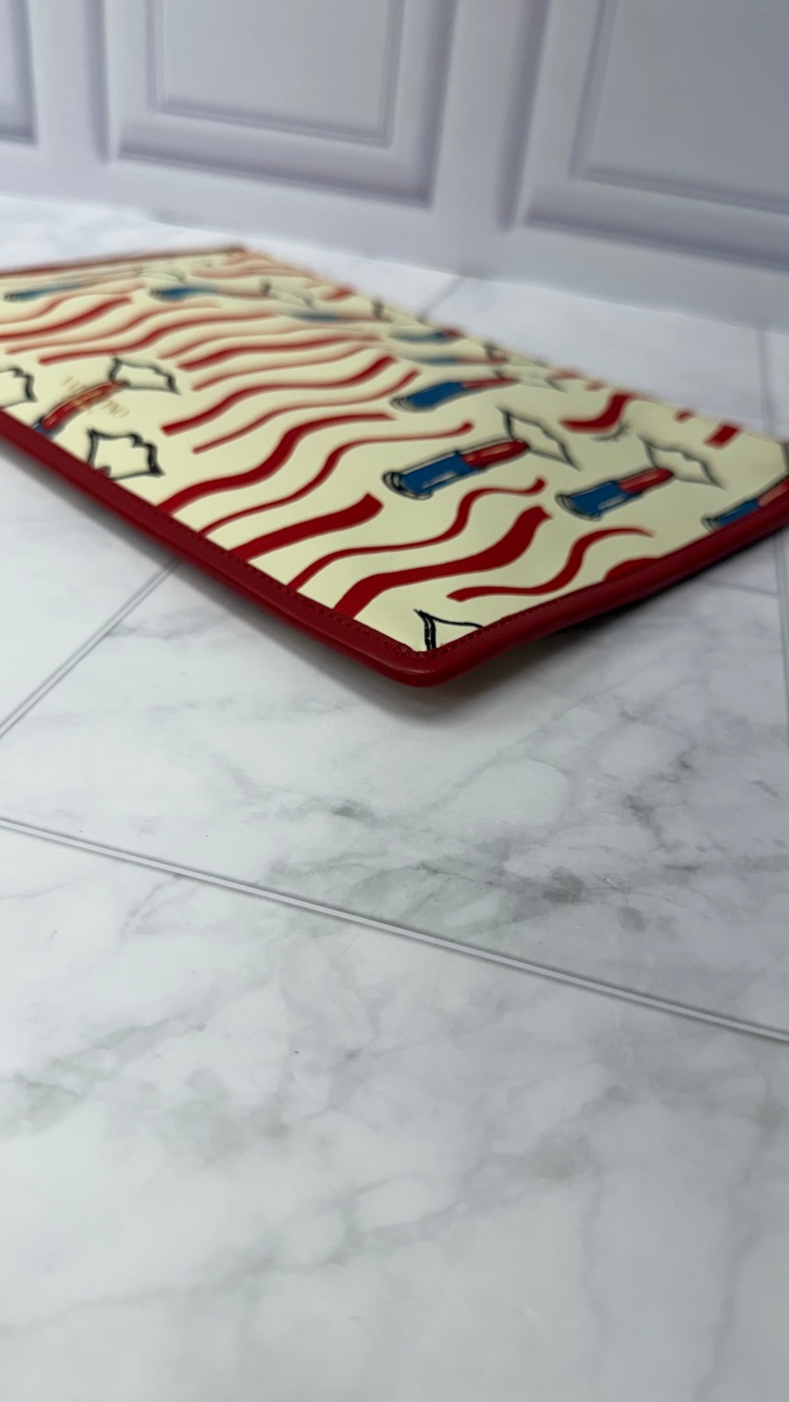 Valentino White Lipstick Printed Leather Pouch