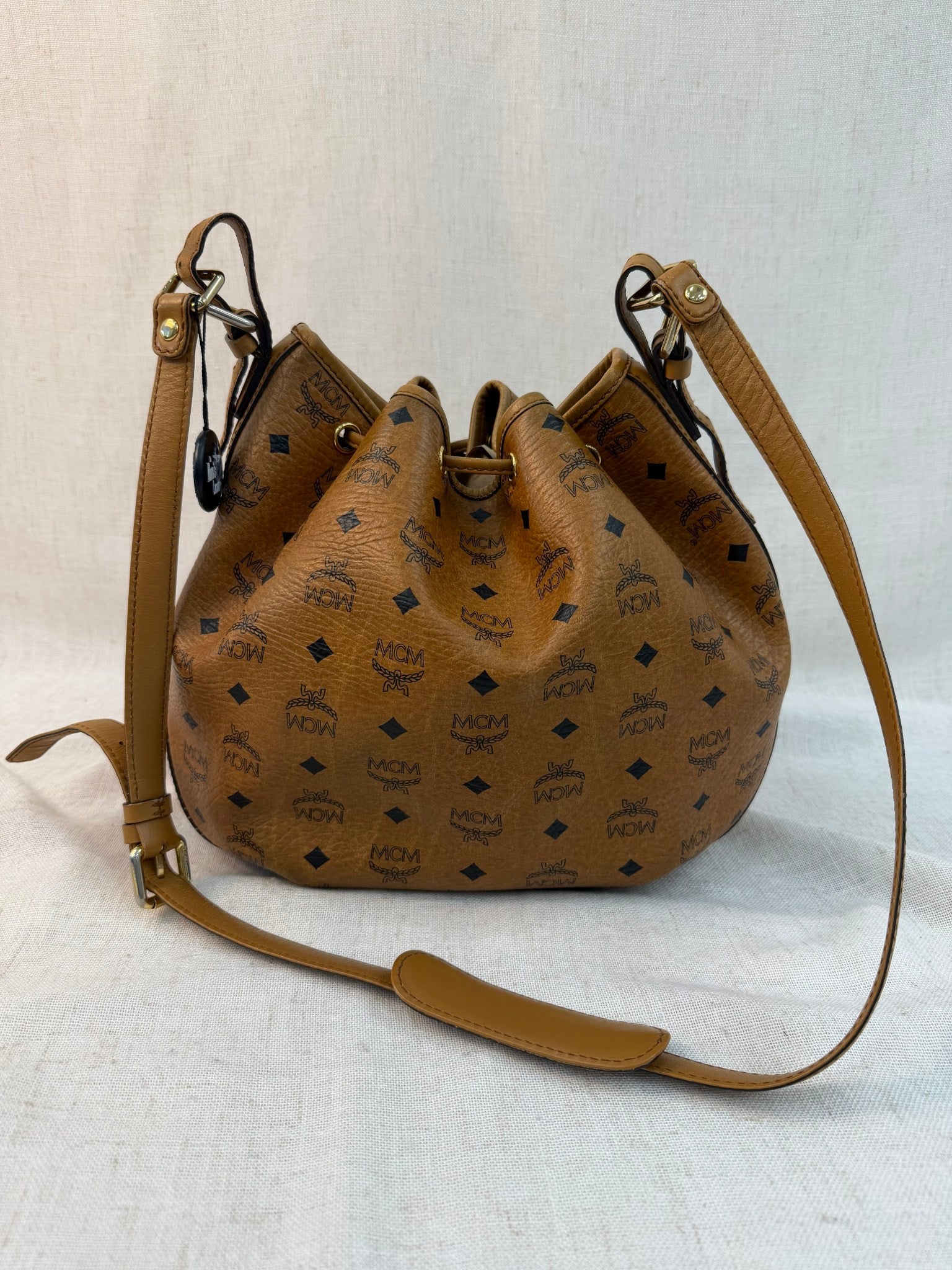 MCM Brown Coated Canvas Drawstring Bucket Bag