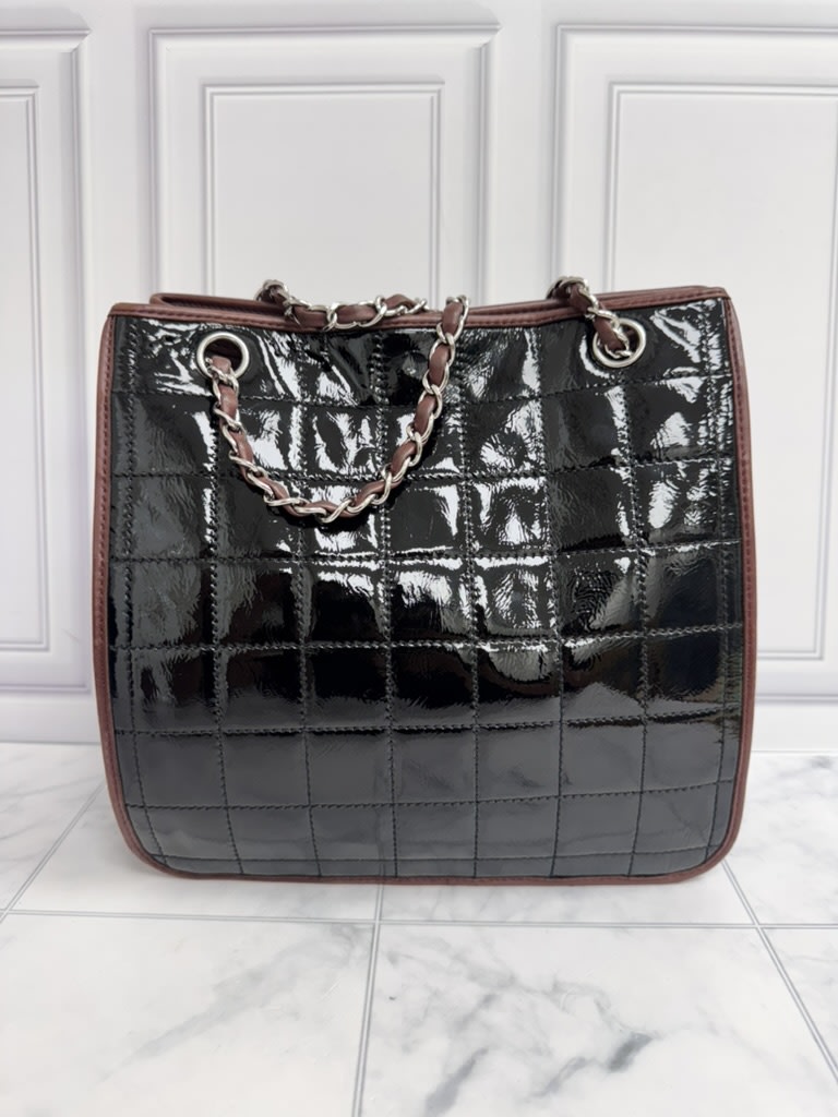 Chanel Black Patent Leather And Burgundy Chocolate Bar Medium Tote Bag