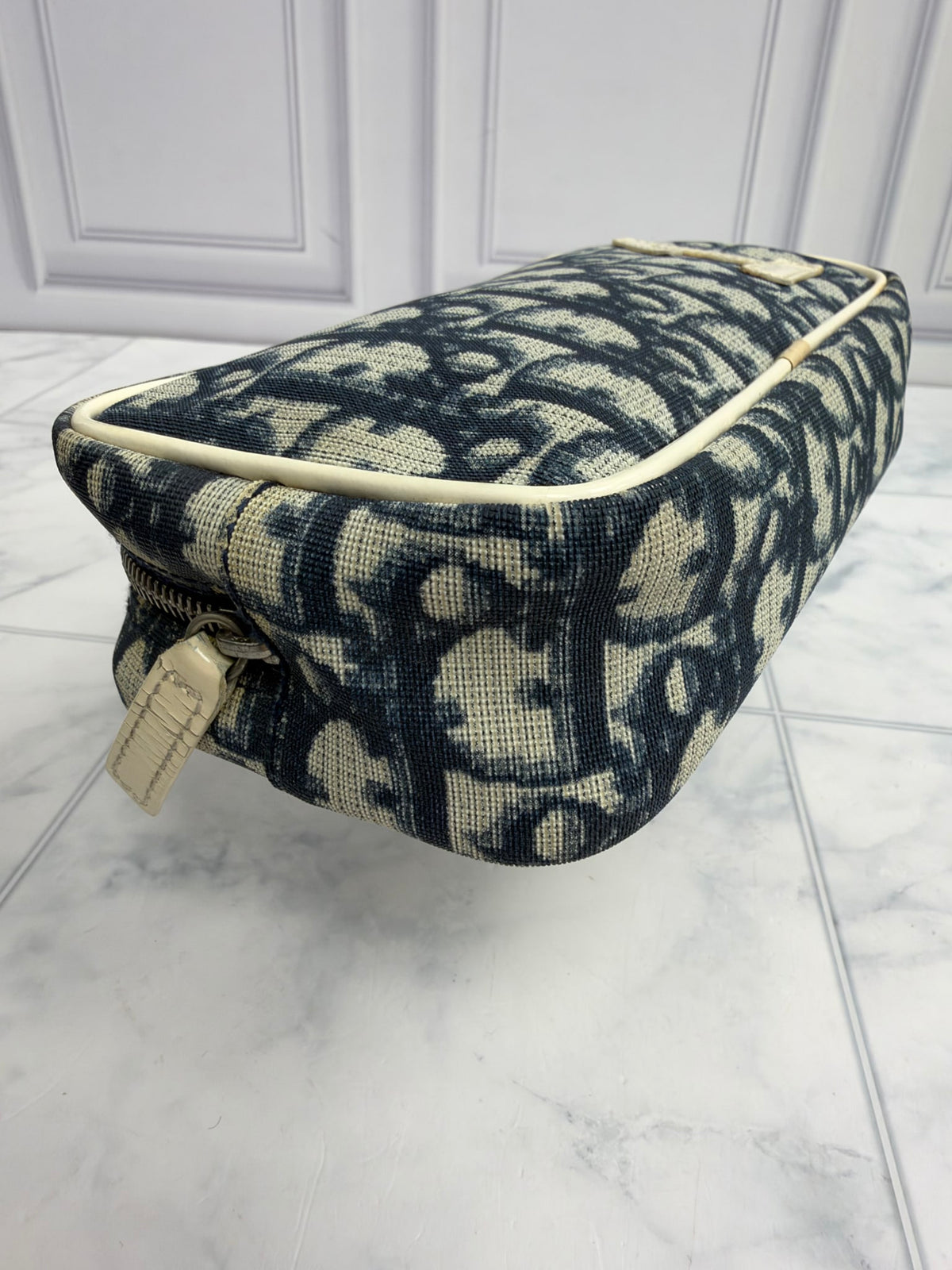 Christian Dior Navy Blue & Cream Trotter Monogram Coated Canvas Zippy Cosmetic Pouch