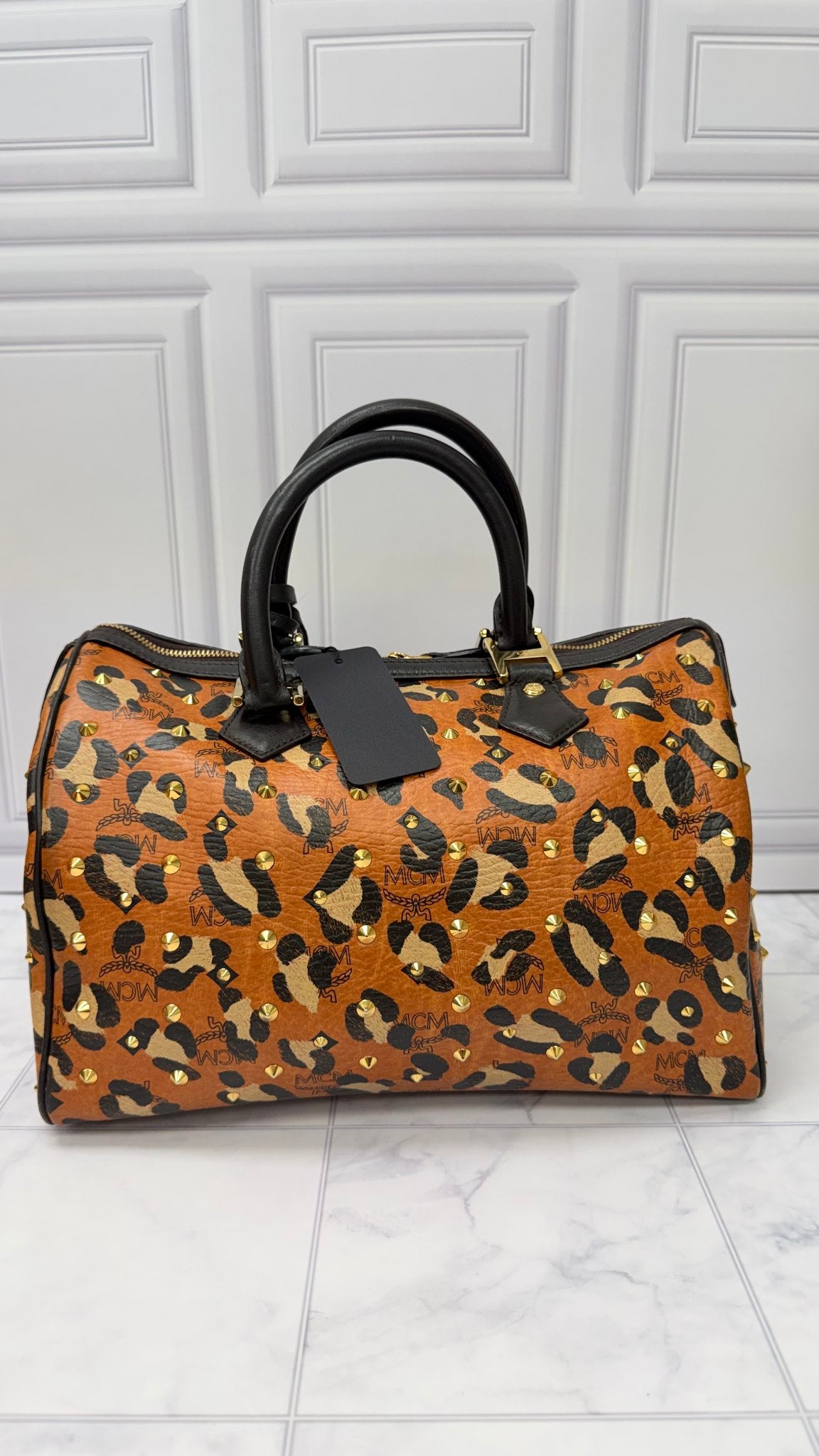 MCM Brown And Black Visetos Leopard Print Boston Bag
