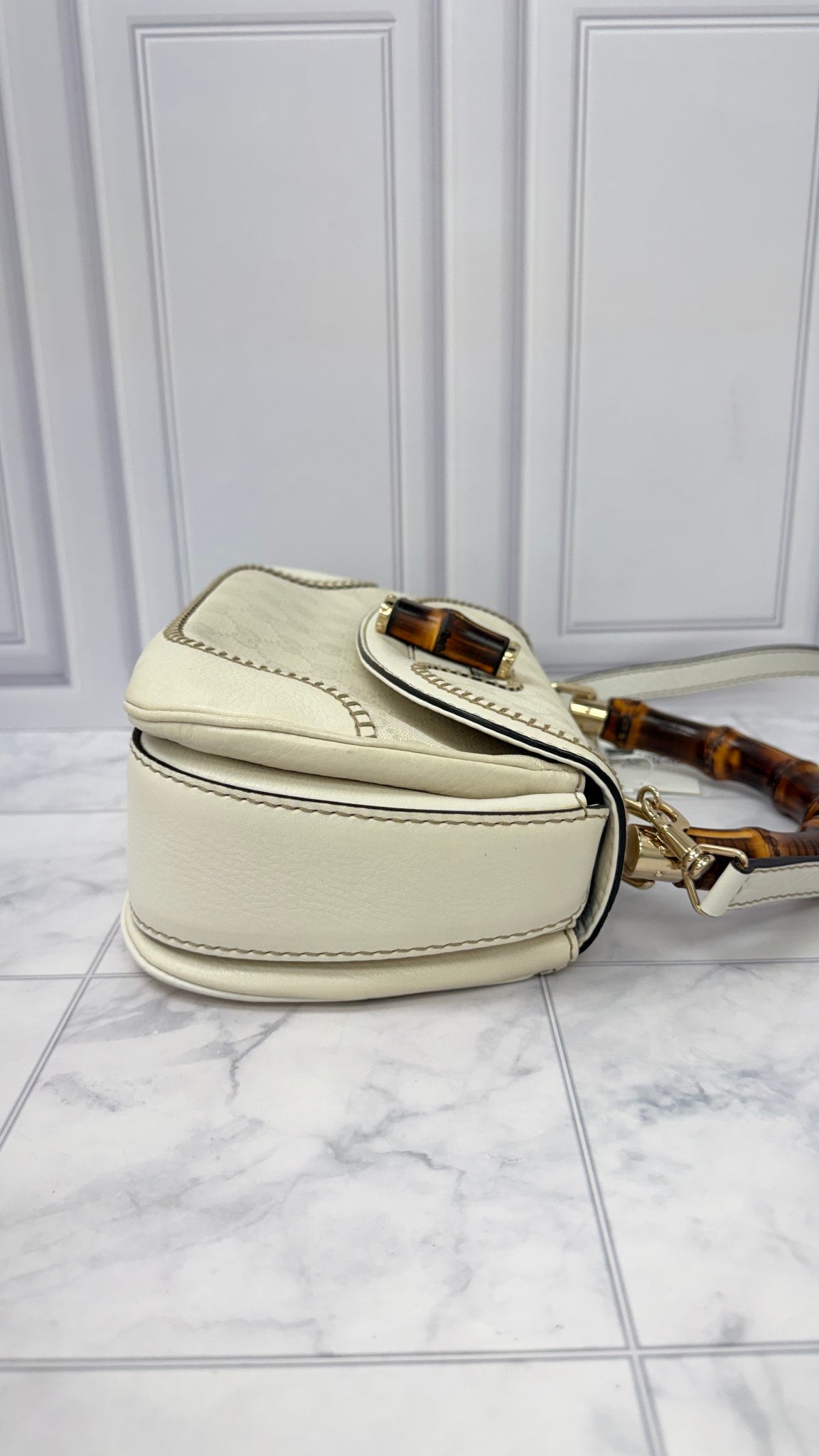 Gucci Cream Leather GG Canvas Bamboo 1947 Medium 2Way Bag