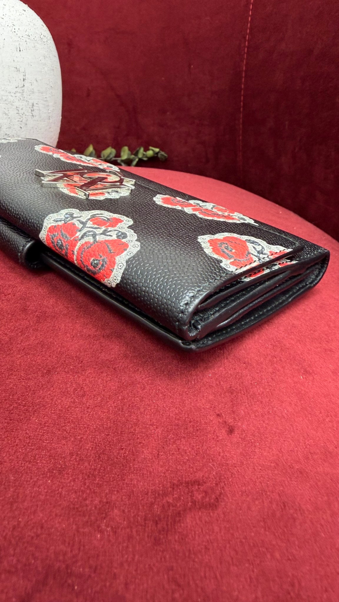 Alexander McQueen Black Pebbled Leather Rose Printed Long Wallet