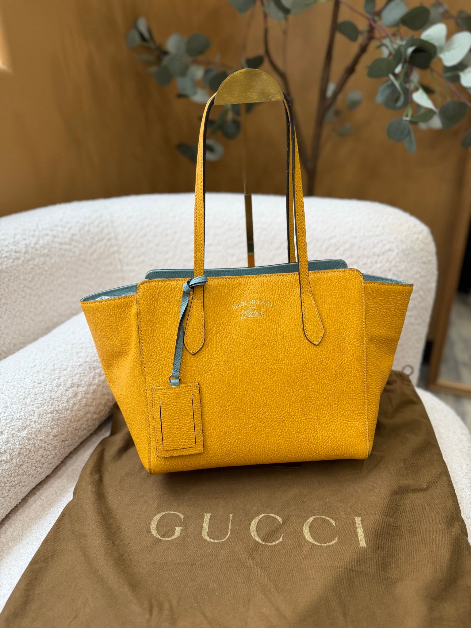 Gucci Yellow Leather Swing Tote Bag