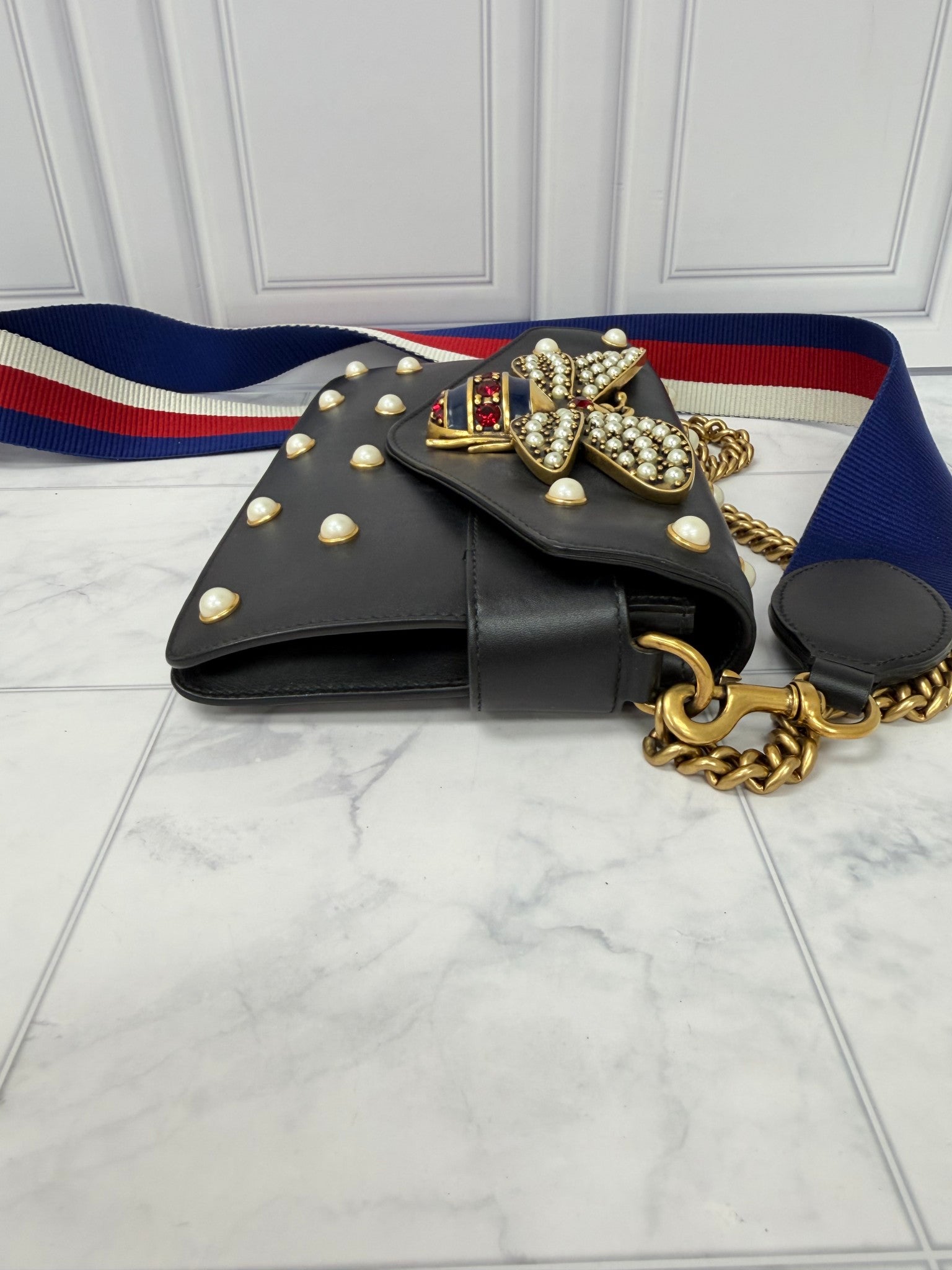 Gucci Black Calfskin Leather Pearl Studded Queen Margaret Bee Mini Shoulder Bag