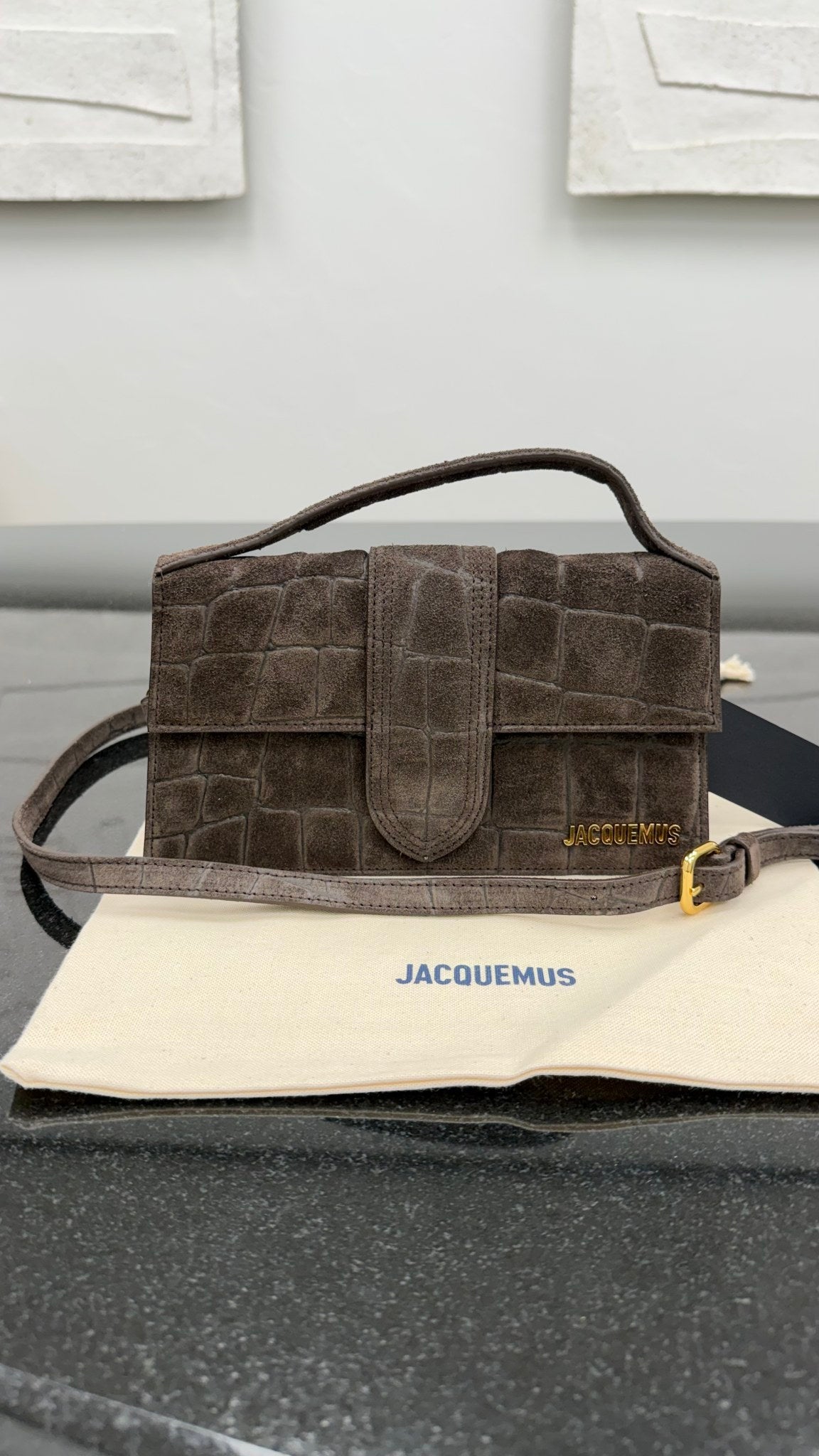 BRAND NEW - Jacquemus Brown Croc Embossed Suede Le Grand Bambino 2Way Handbag