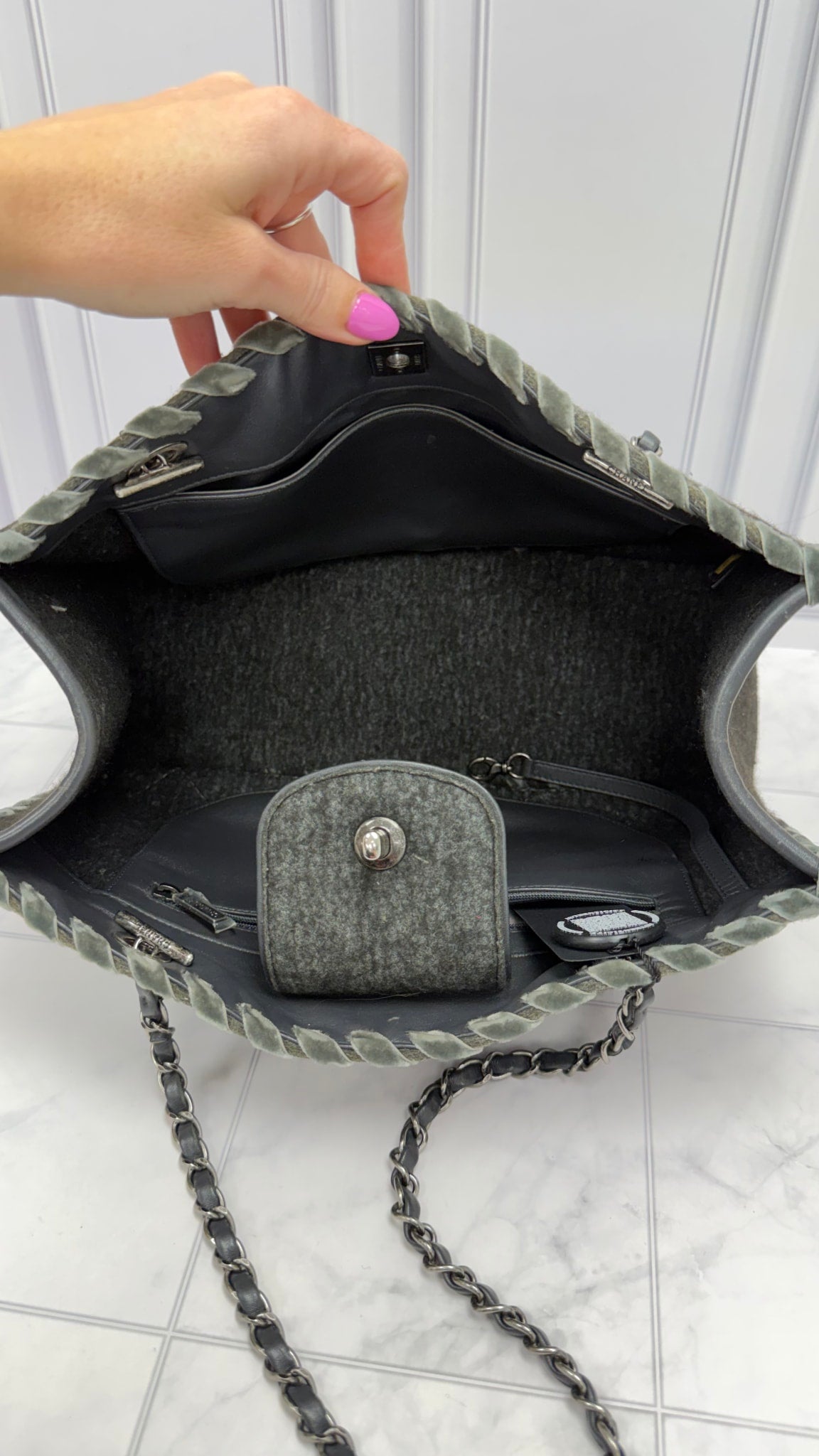 Chanel Grey Quilted Wool & Velvet Stitched CC Large Tote