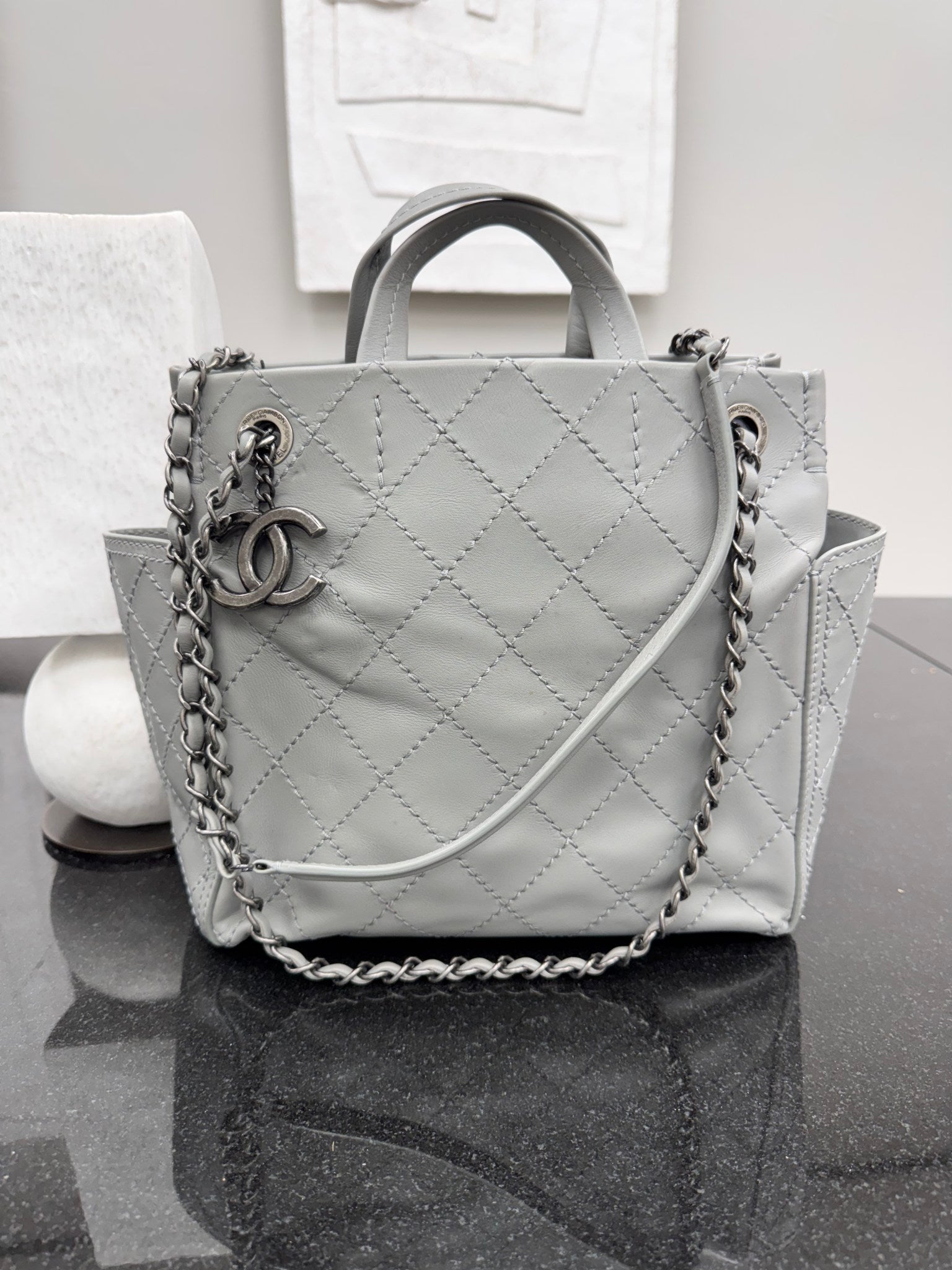 Chanel Grey Diamond Quilted CC Pocket Small Tote Bag