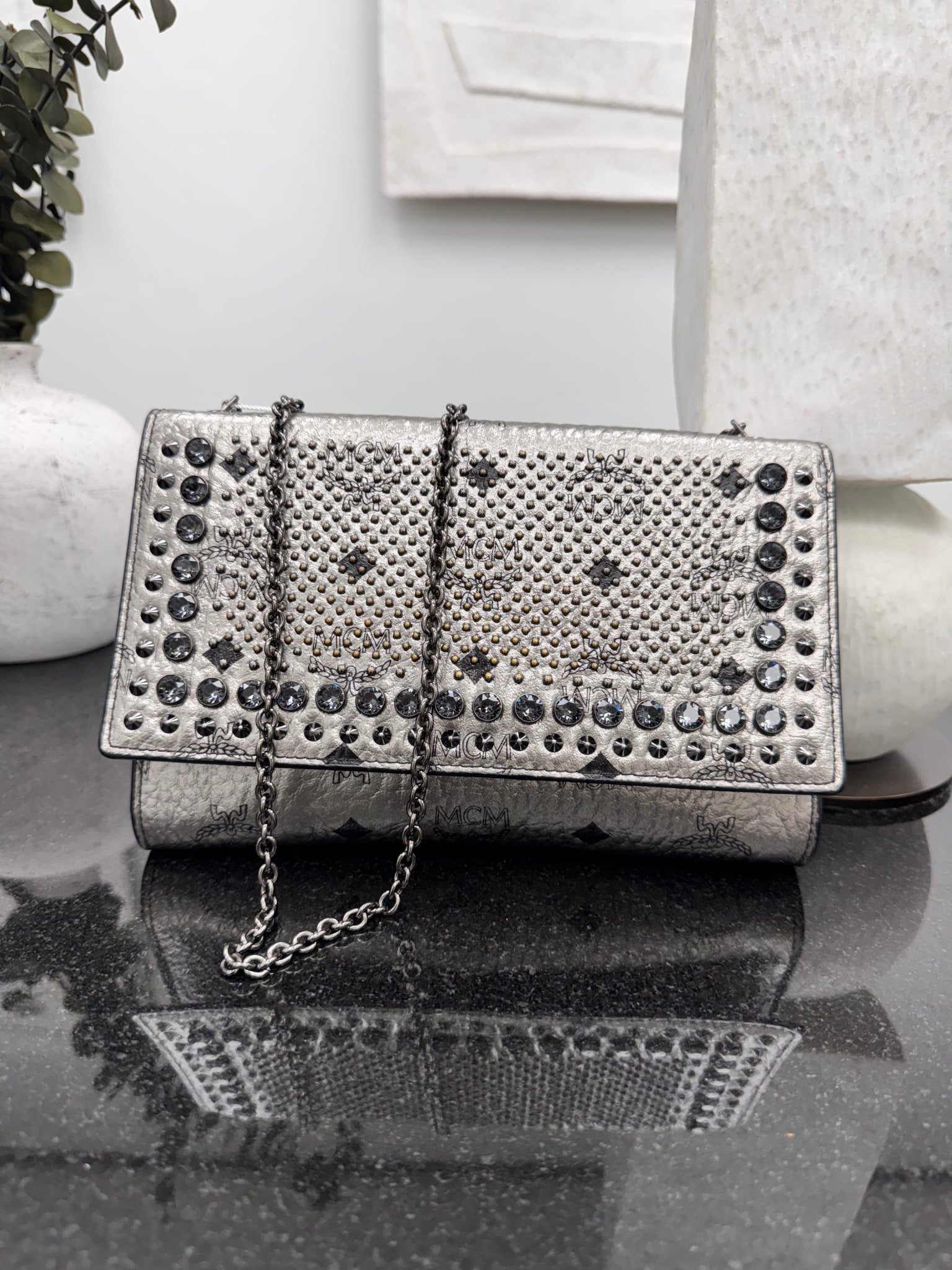 MCM Silver Visetos Monogram Studded Chain Crossbody Bag