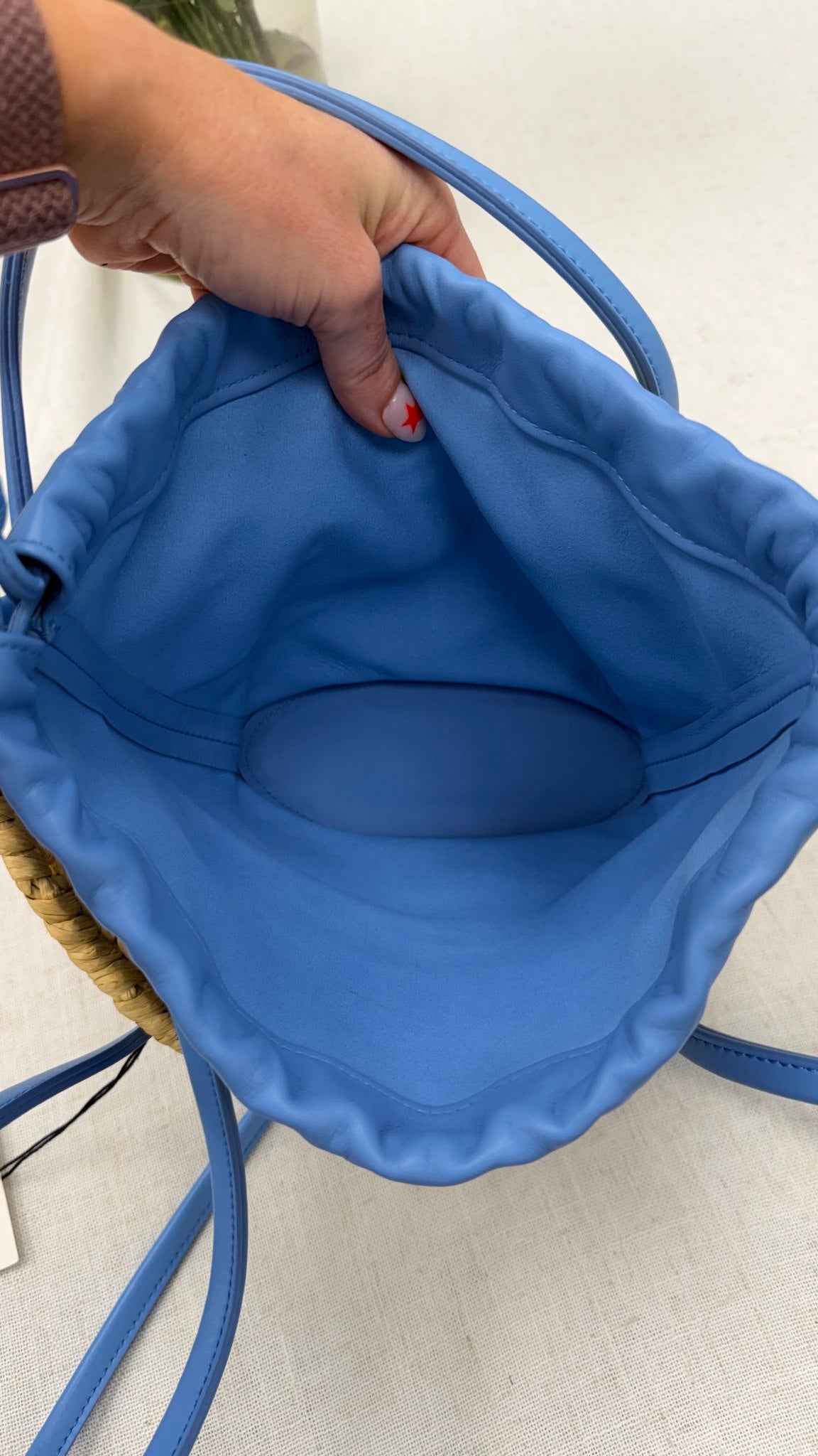 BRAND NEW- Bottega Veneta Raffia & Blue Leather Small Arco Basket Shoulder Bag