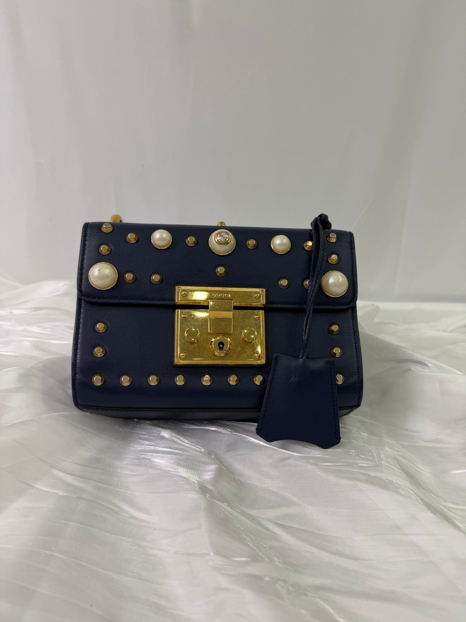 Gucci Navy Leather Studded Padlock Shoulder Bag