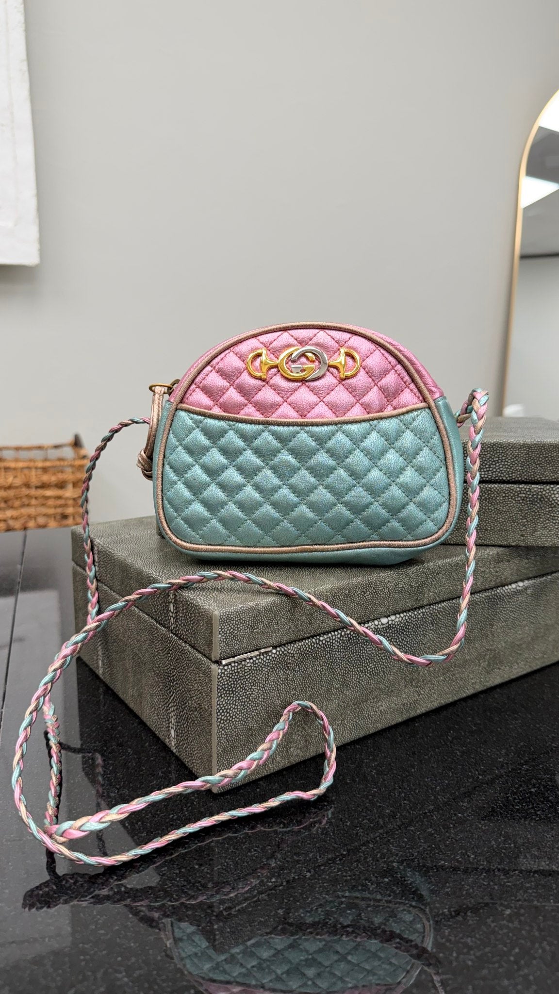 Gucci Teal & Pink Quilted Metallic Leather Mini Zumi Dome Crossbody