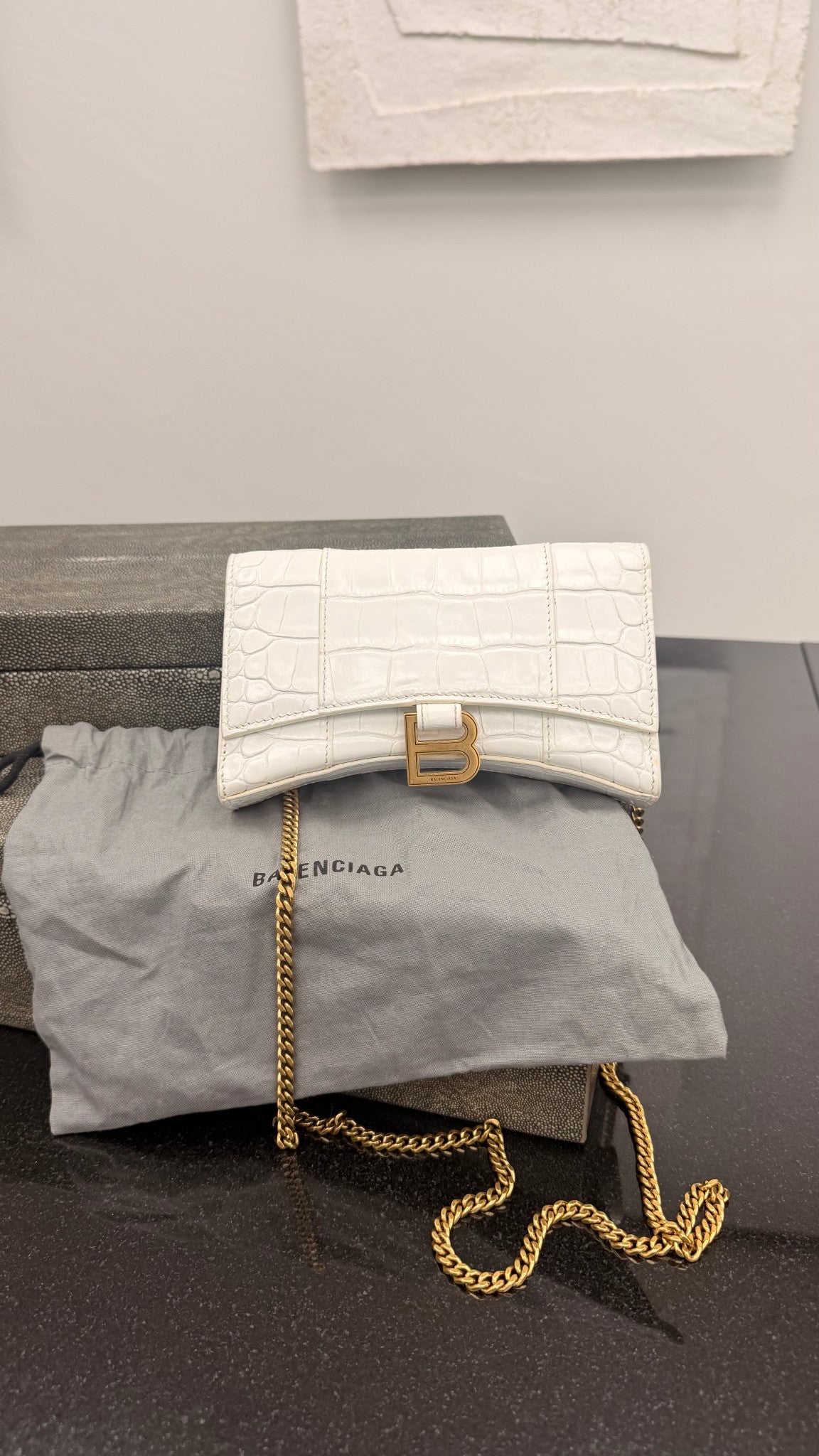 Balenciaga White Croc Embossed Leather Wallet On a chain