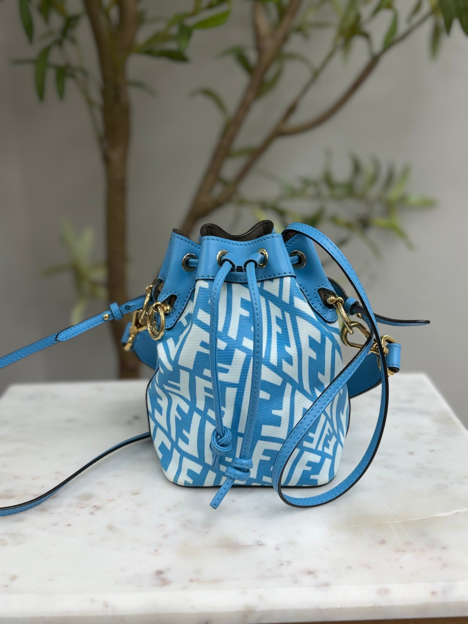 Fendi Blue And White Canvas Bucket Bag